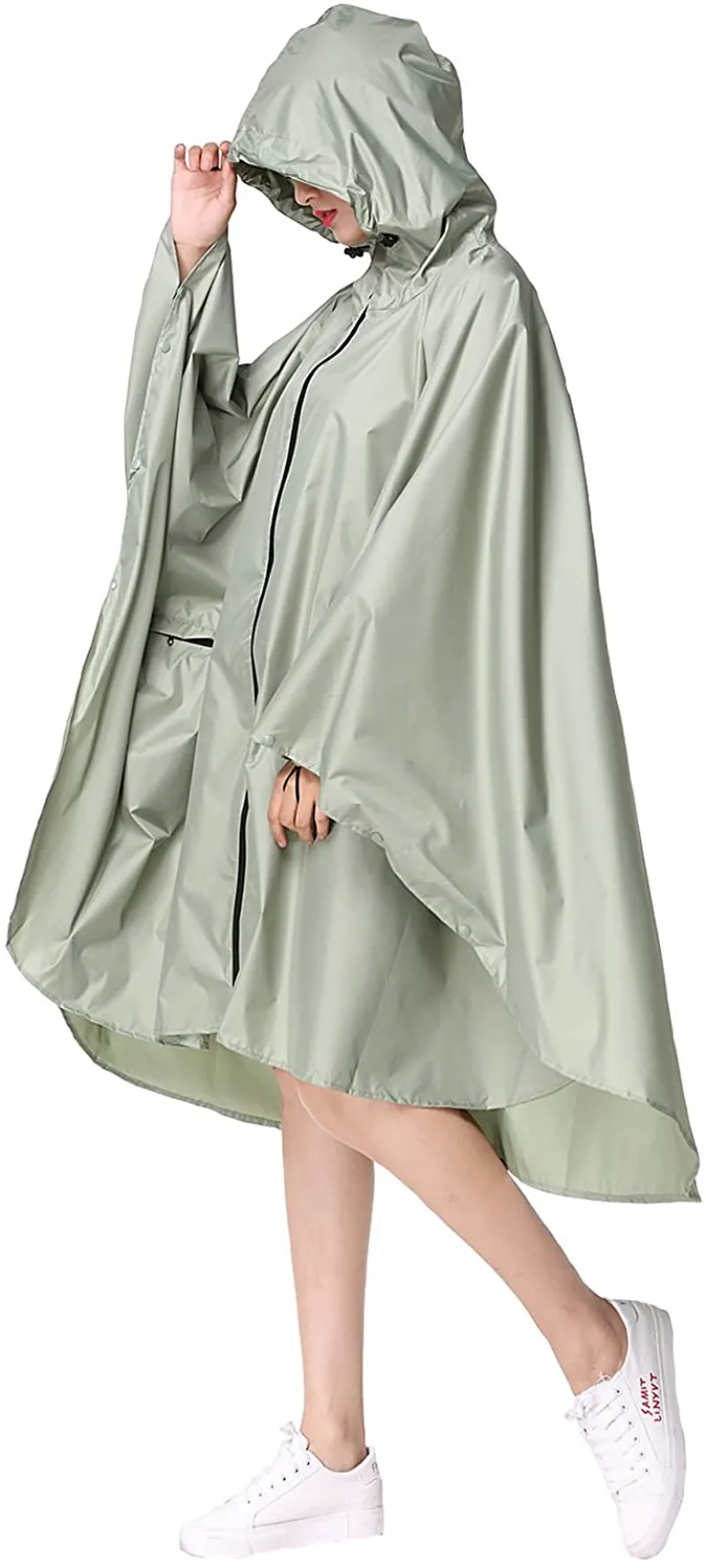 Womens Rain Poncho Stylish Polyester Waterproof Raincoat Free Size with Hood Zipper Styles