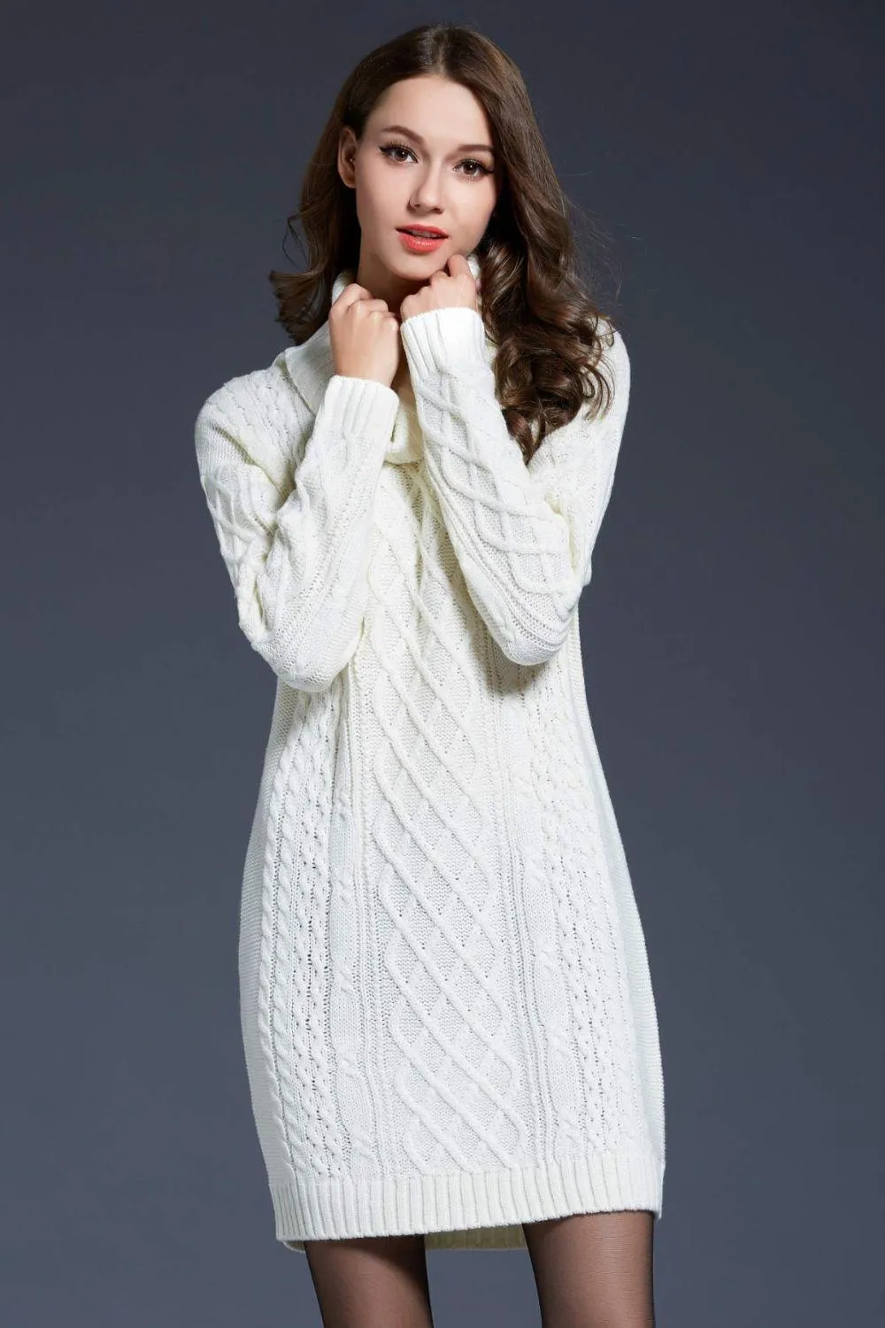 Woven Right Full Size Mixed Knit Cowl Neck Dropped Shoulder Sweater Dress