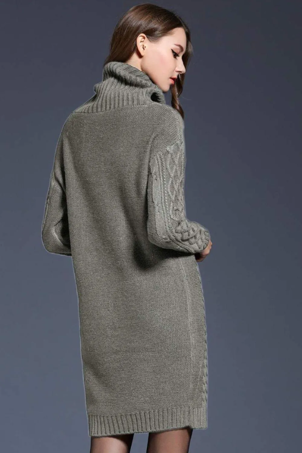 Woven Right Full Size Mixed Knit Cowl Neck Dropped Shoulder Sweater Dress