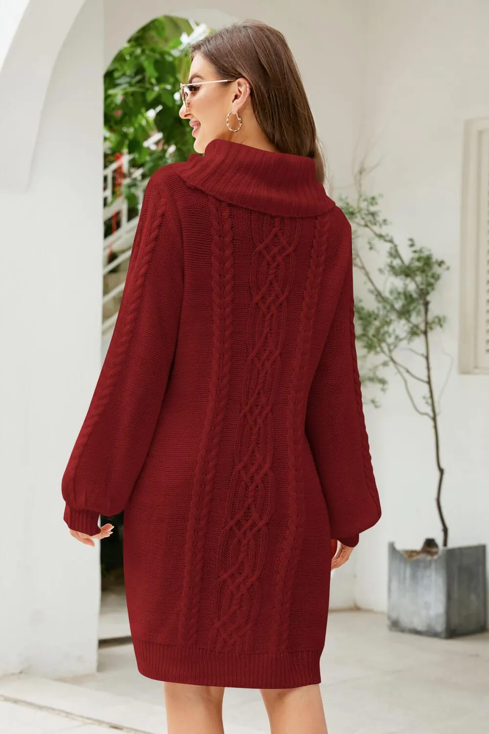 Woven Right Mixed Knit Turtleneck Lantern Sleeve Sweater Dress