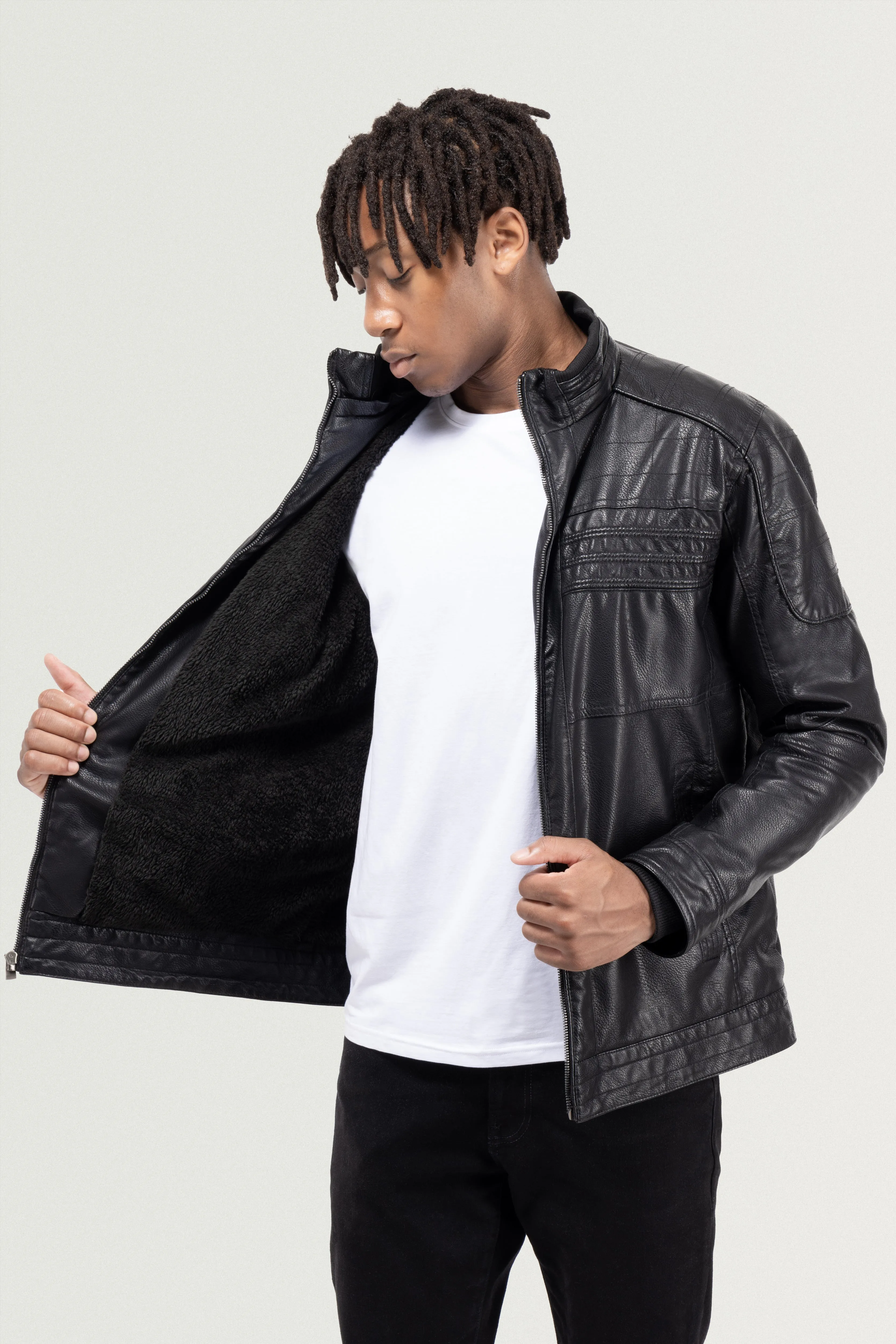 X RAY Men's Grainy PU Leather Hooded Jacket With Faux Shearling Lining