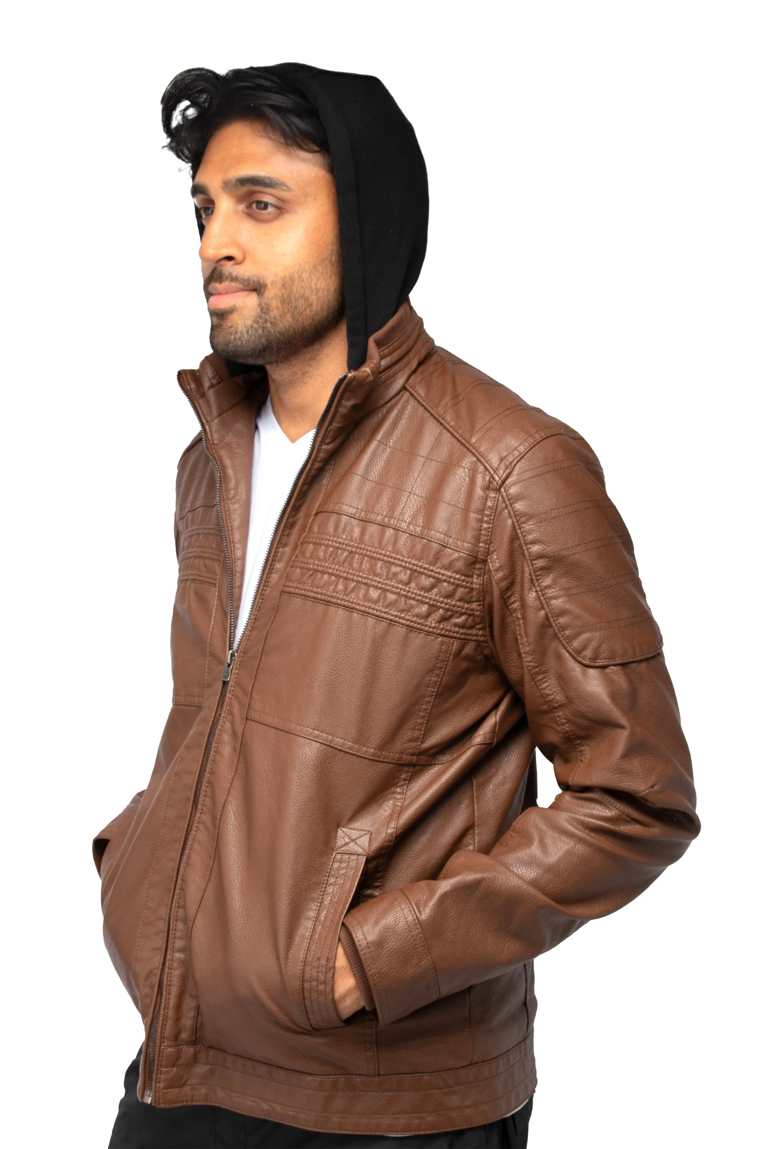 X RAY Men's Grainy PU Leather Hooded Jacket With Faux Shearling Lining