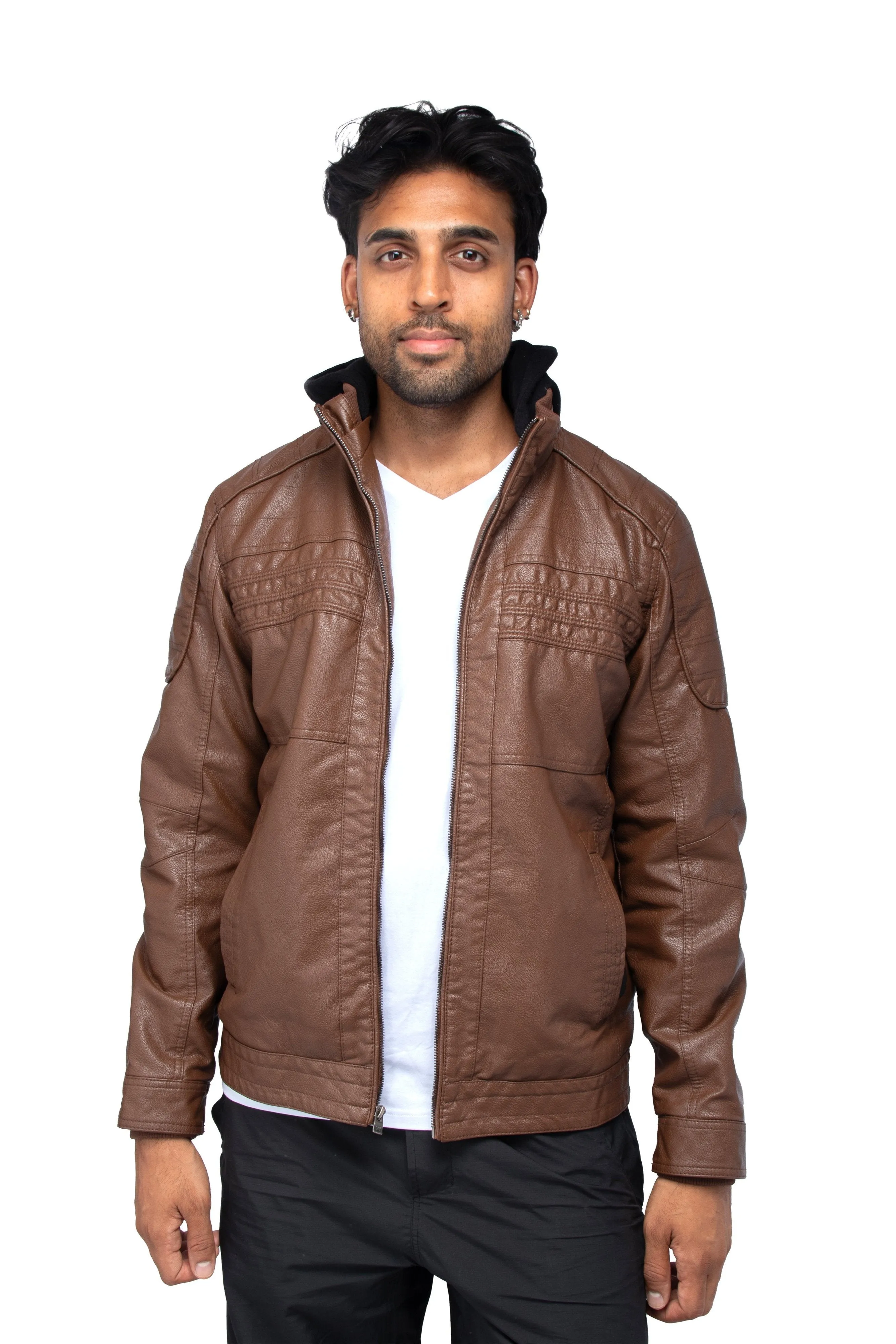 X RAY Men's Grainy PU Leather Hooded Jacket With Faux Shearling Lining