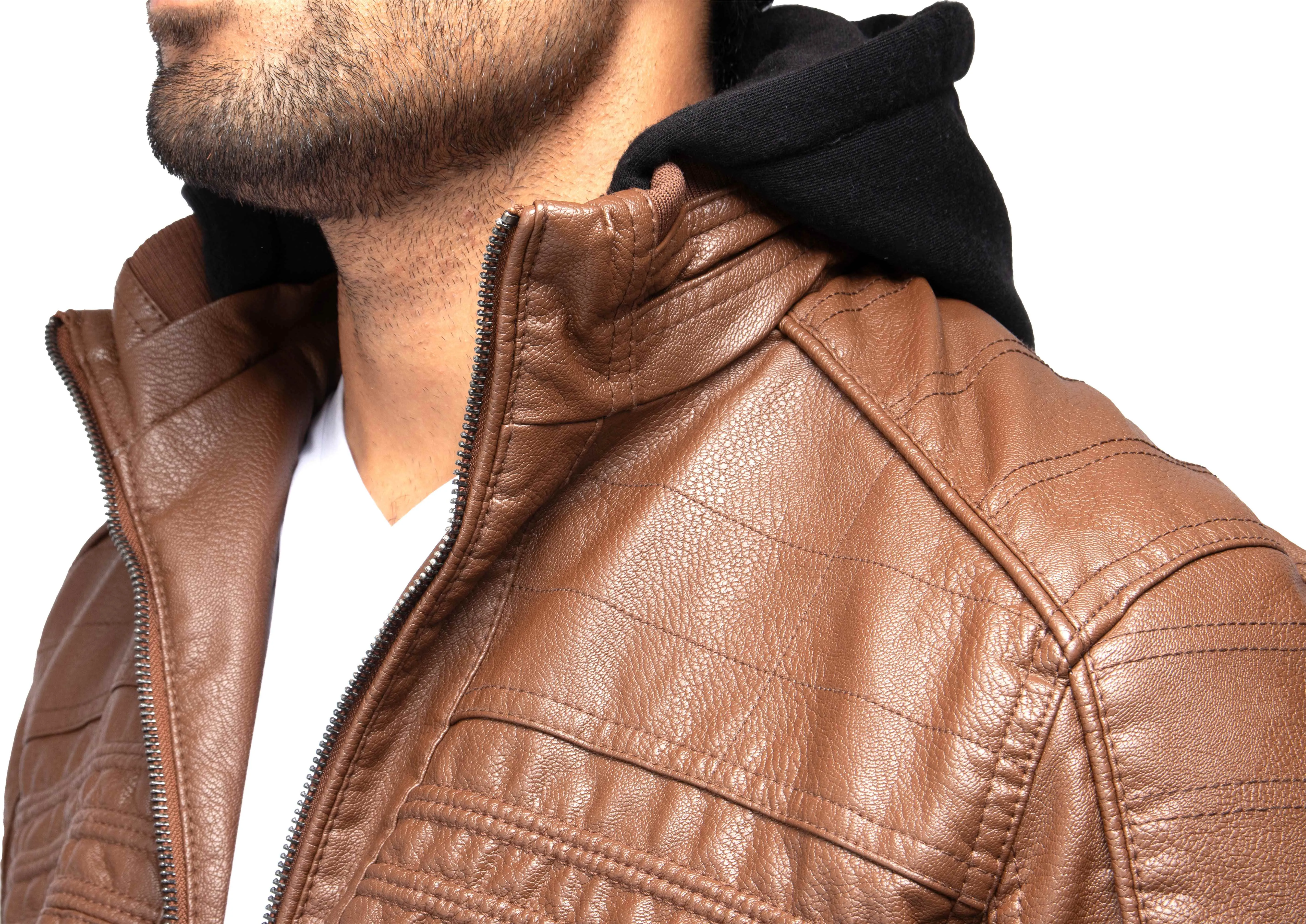 X RAY Men's Grainy PU Leather Hooded Jacket With Faux Shearling Lining