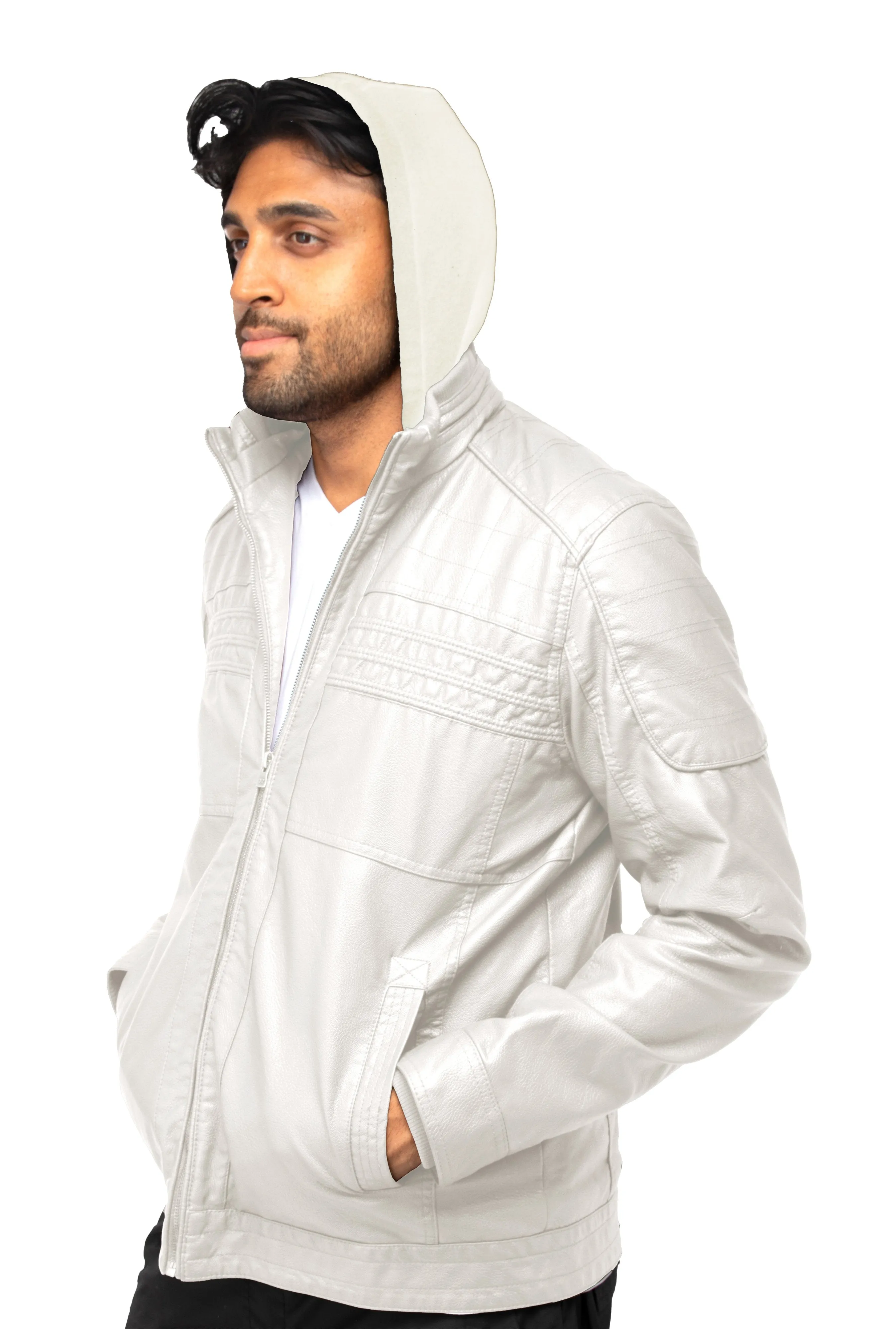 X RAY Men's Grainy PU Leather Hooded Jacket With Faux Shearling Lining