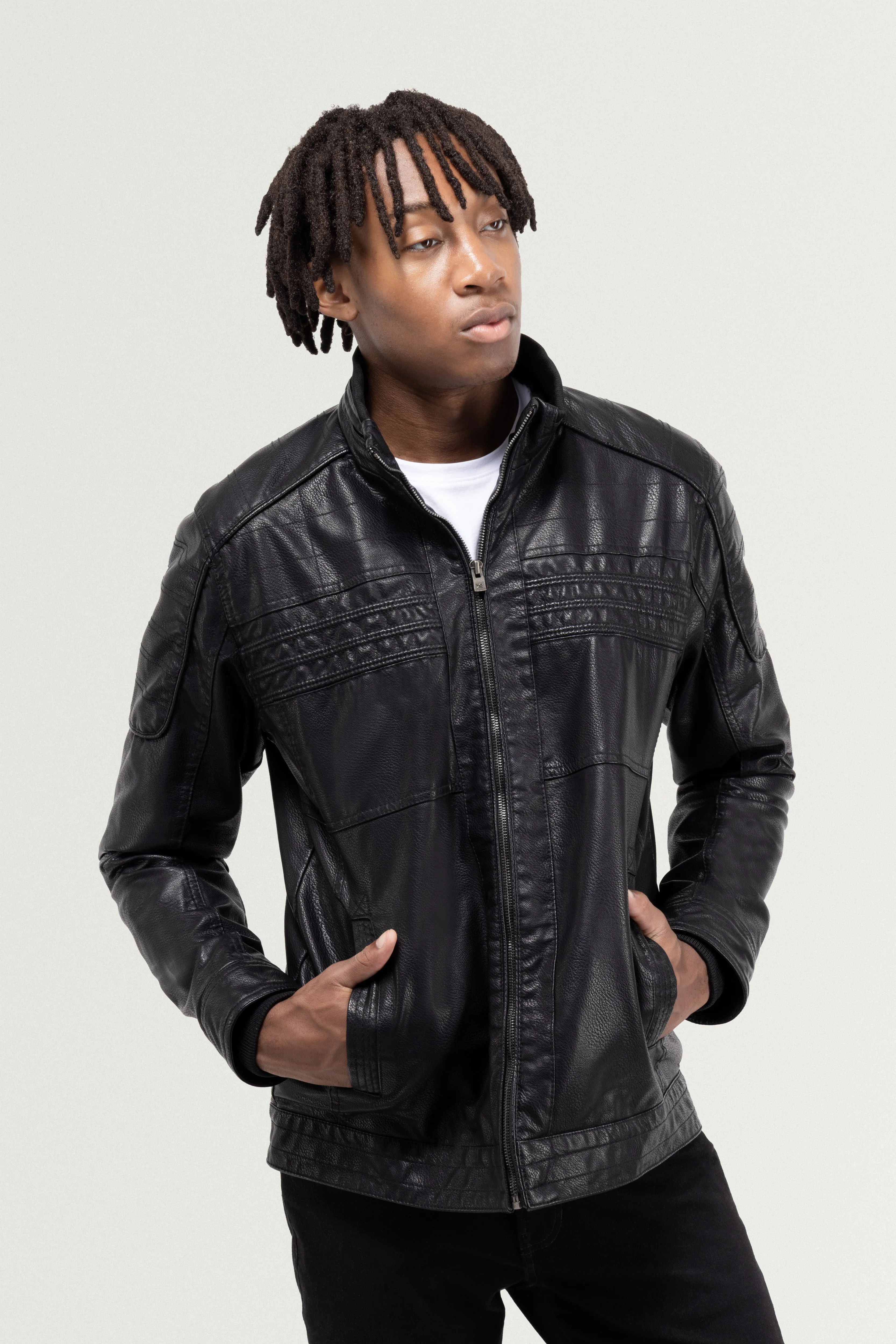 X RAY Men's Grainy PU Leather Hooded Jacket With Faux Shearling Lining