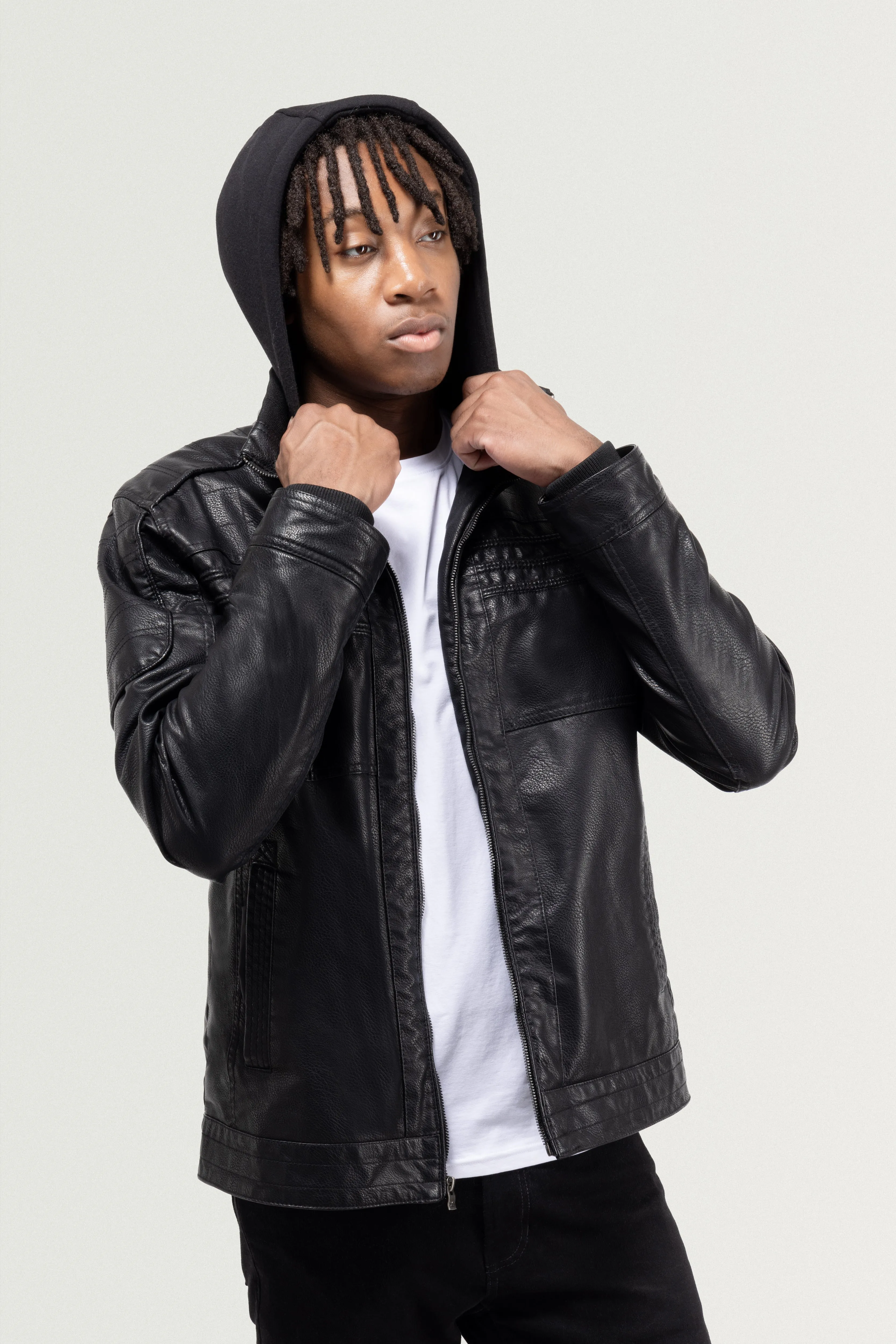 X RAY Men's Grainy PU Leather Hooded Jacket With Faux Shearling Lining