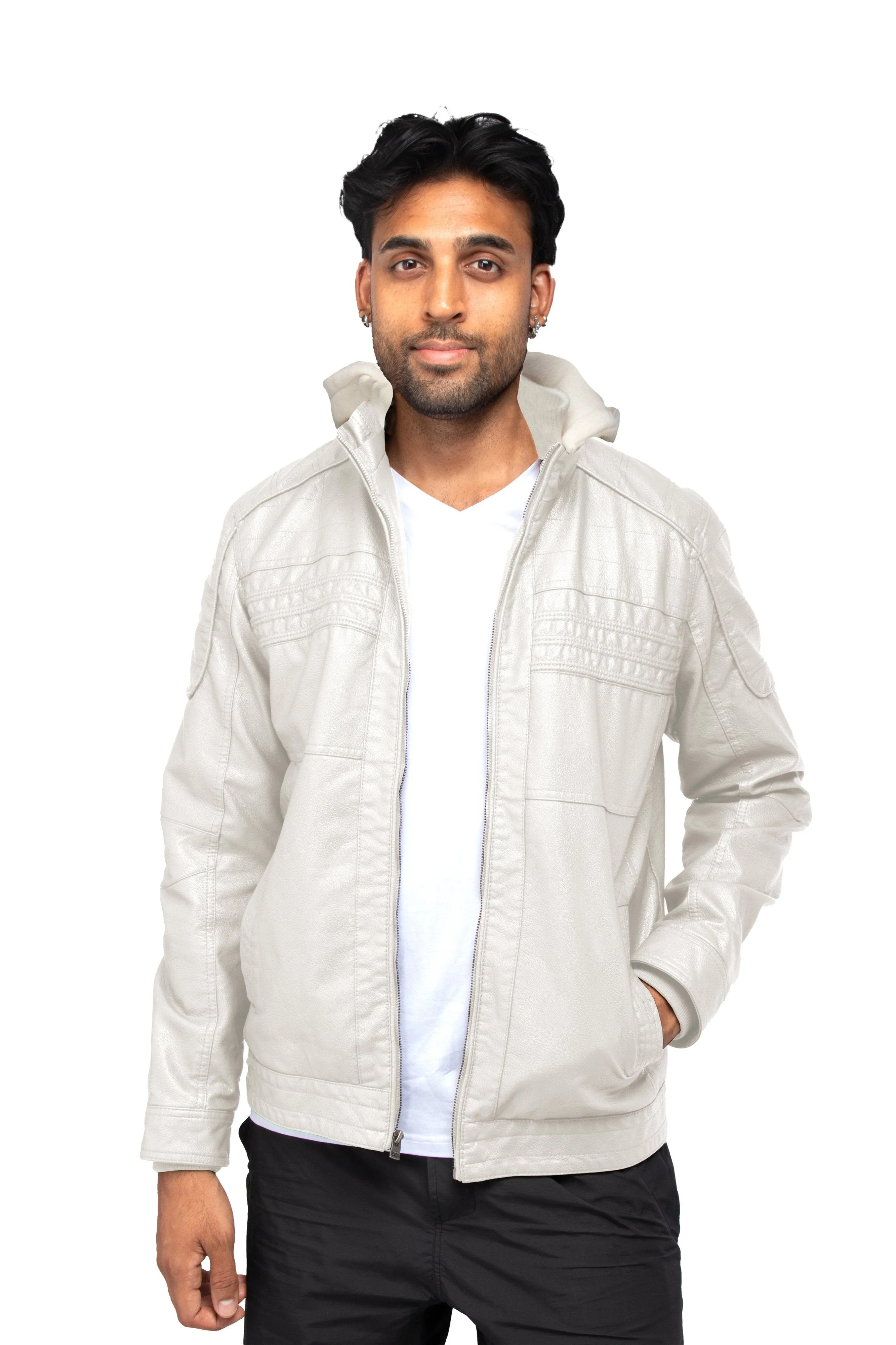 X RAY Men's Grainy PU Leather Hooded Jacket With Faux Shearling Lining