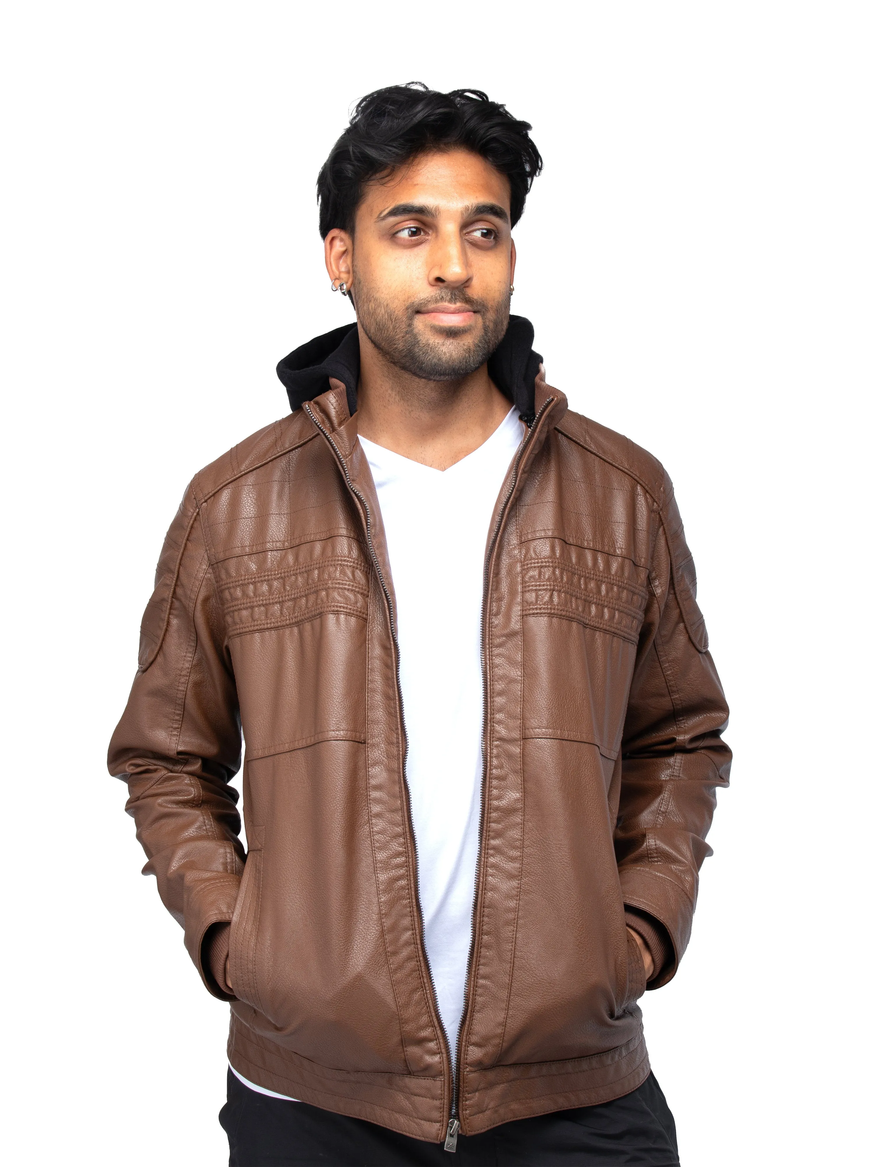 X RAY Men's Grainy PU Leather Hooded Jacket With Faux Shearling Lining