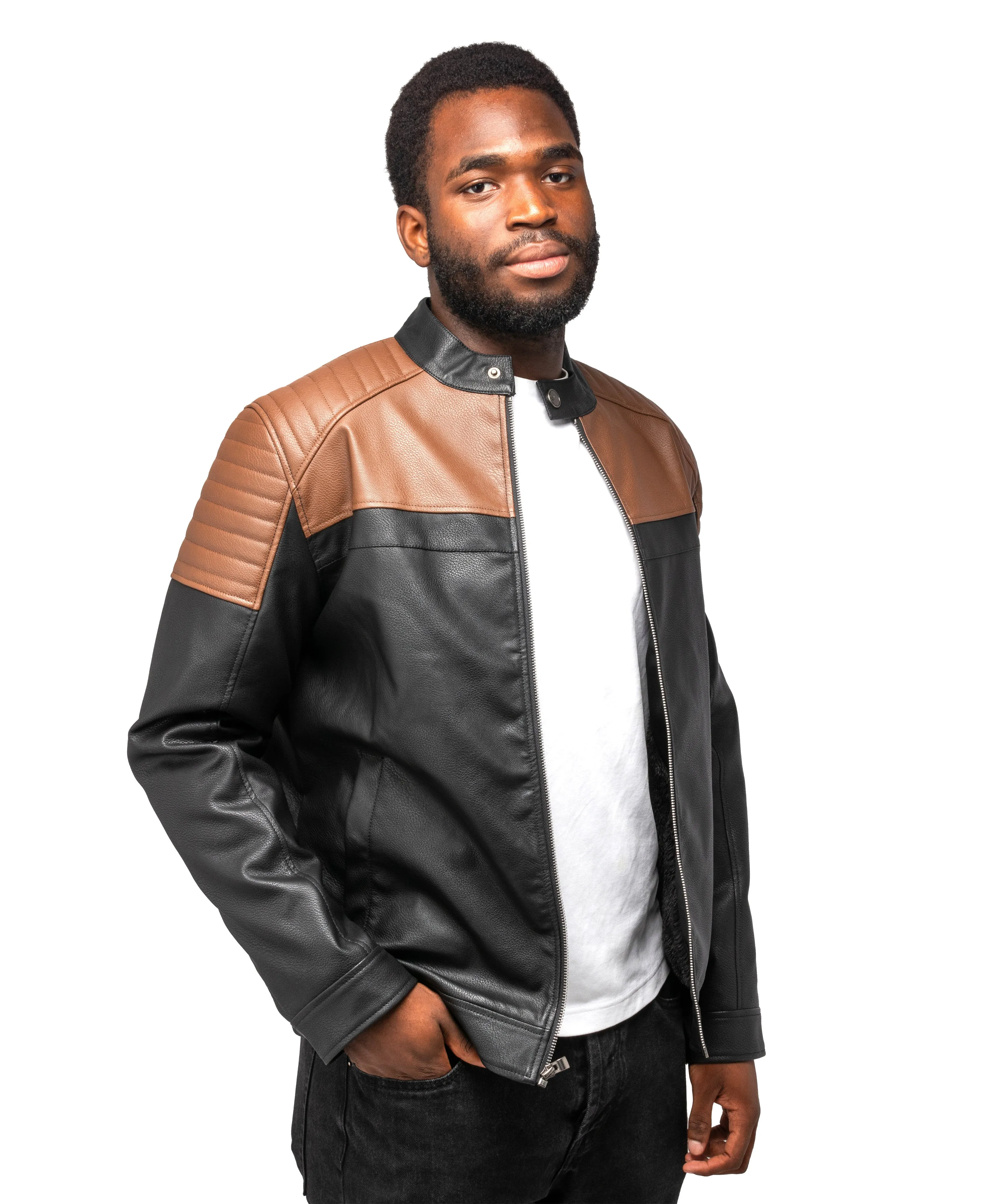 X RAY Men's Grainy PU Leather Jacket Quilted Sleeves With Faux Shearling Lining