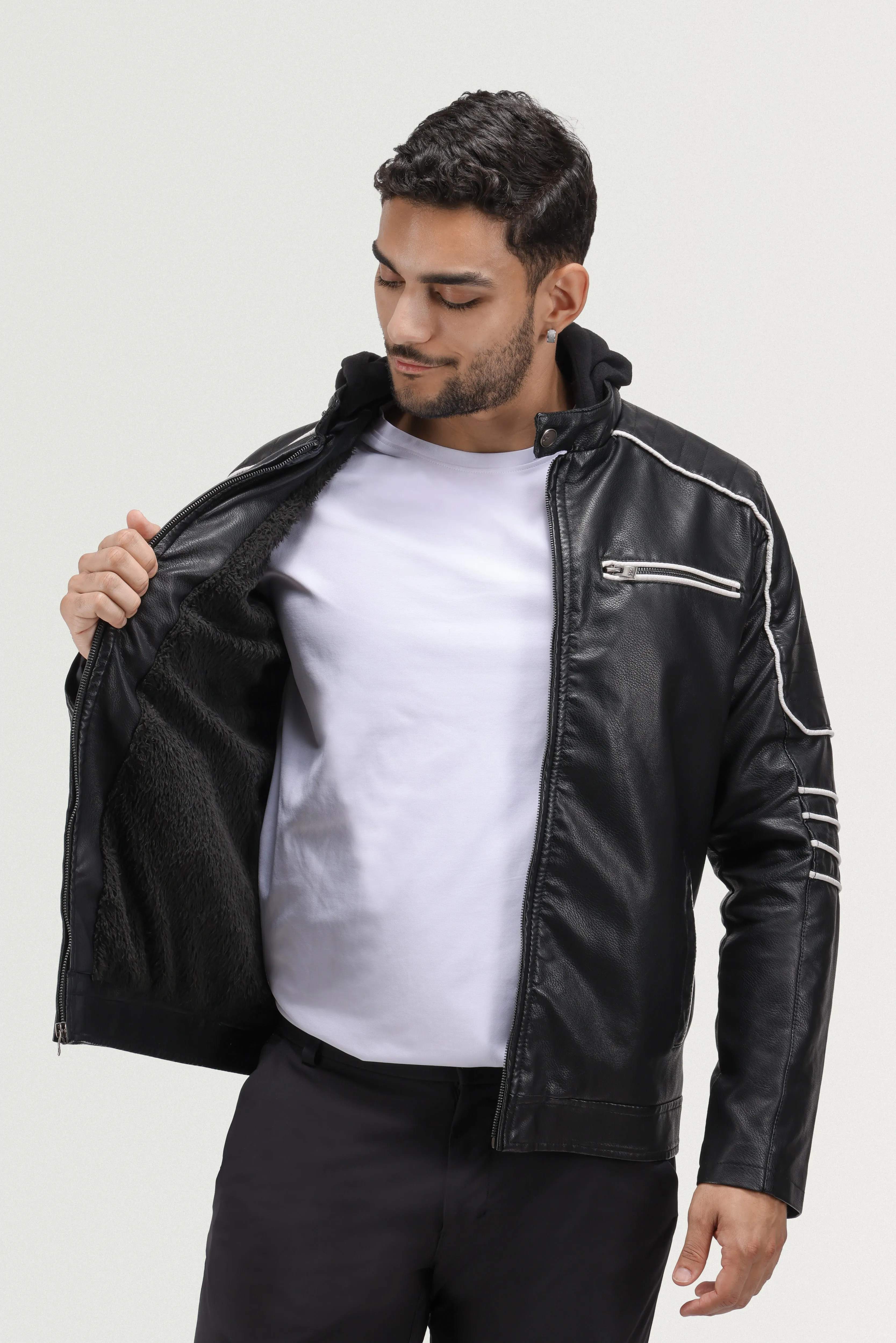 X RAY Men's Grainy PU Moto Leather Jacket With Hood and Faux Shearling Lining