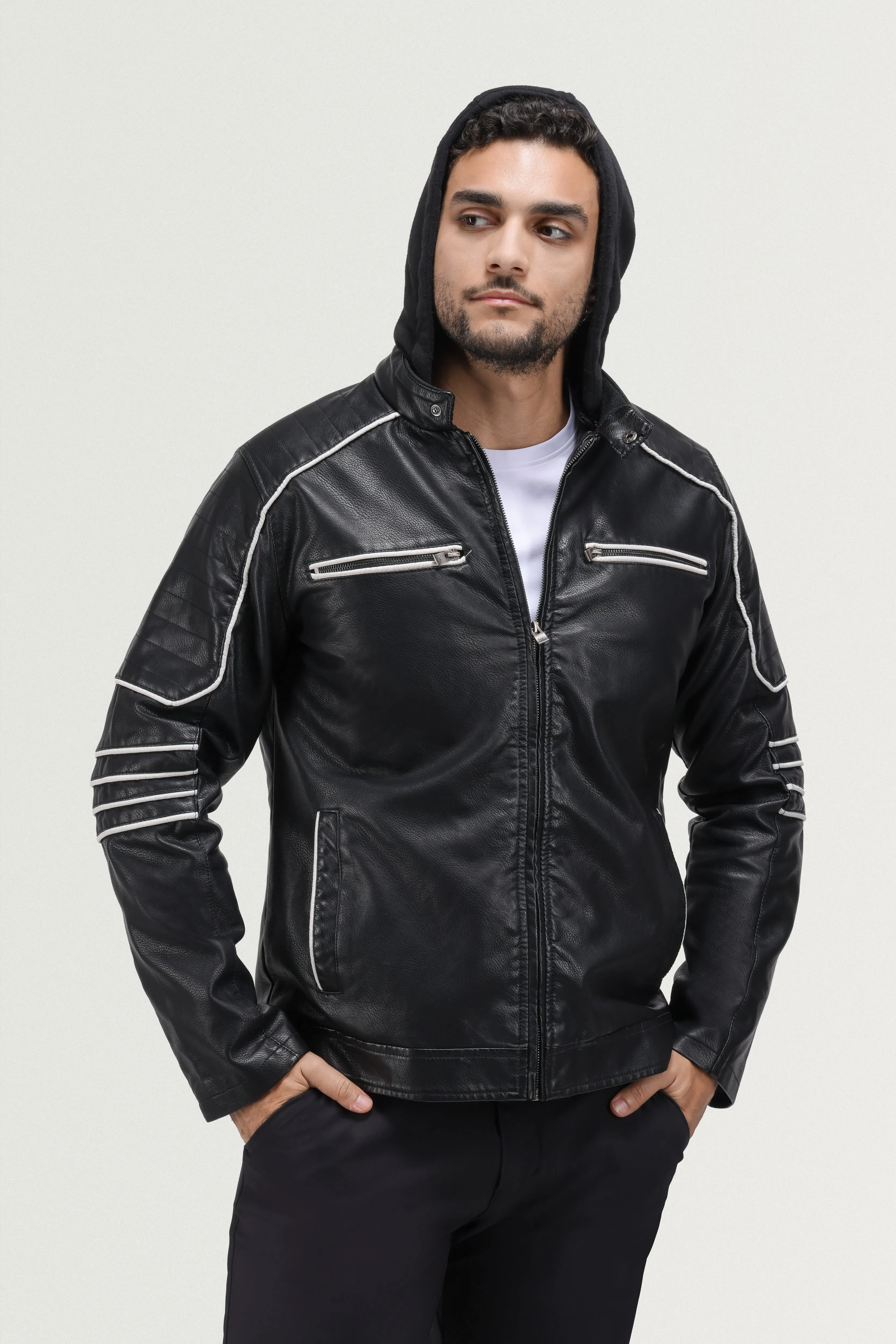 X RAY Men's Grainy PU Moto Leather Jacket With Hood and Faux Shearling Lining