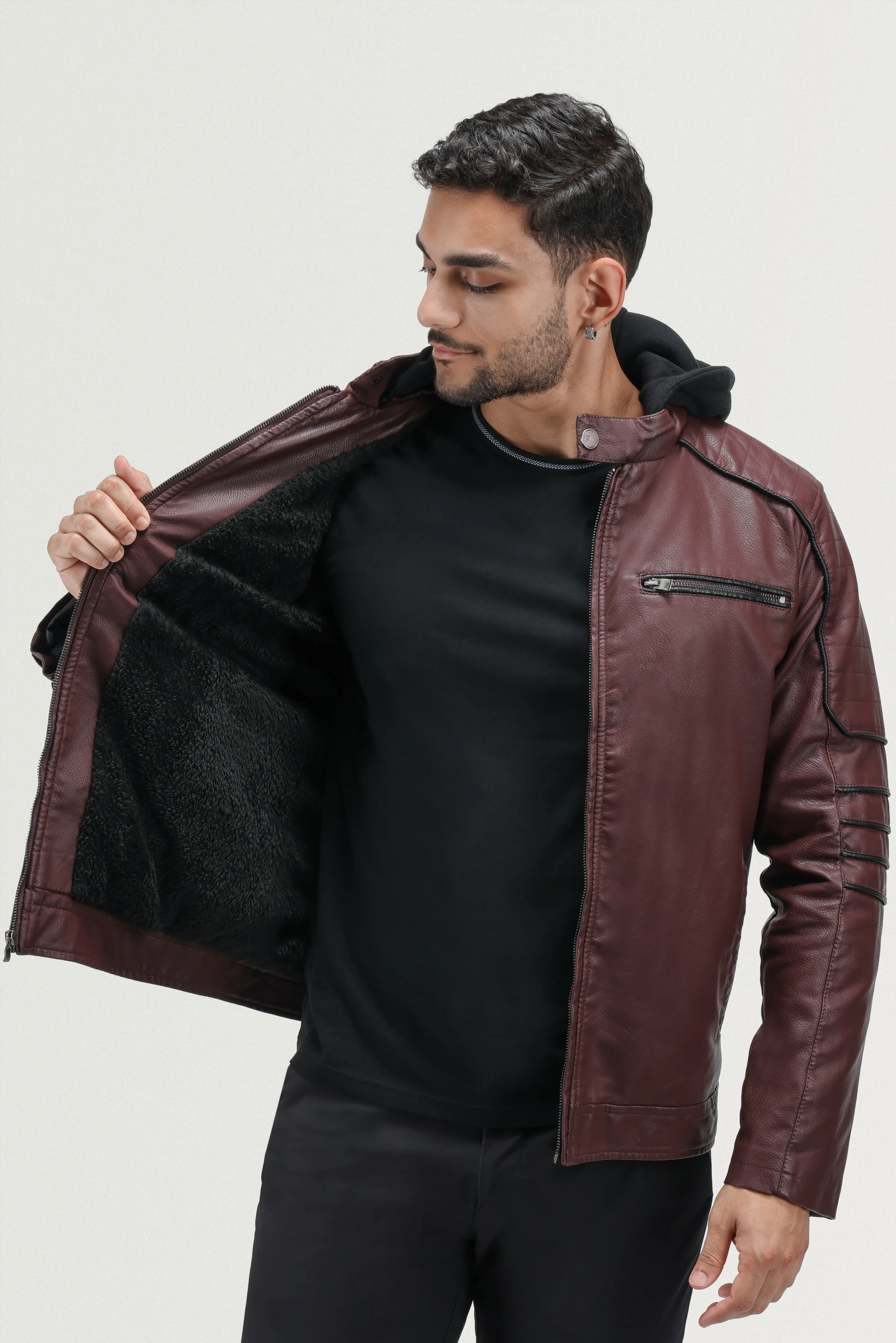 X RAY Men's Grainy PU Moto Leather Jacket With Hood and Faux Shearling Lining