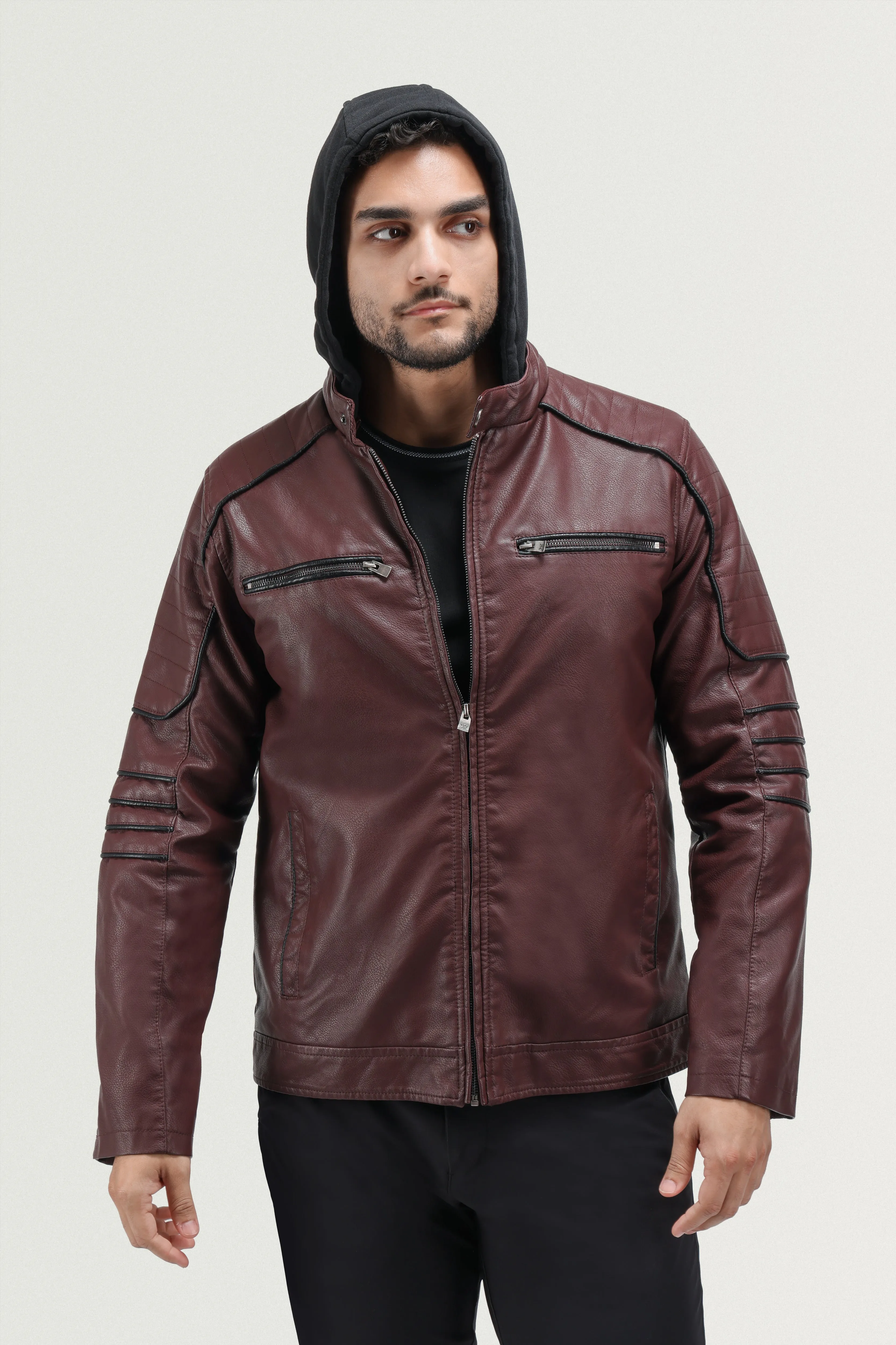 X RAY Men's Grainy PU Moto Leather Jacket With Hood and Faux Shearling Lining