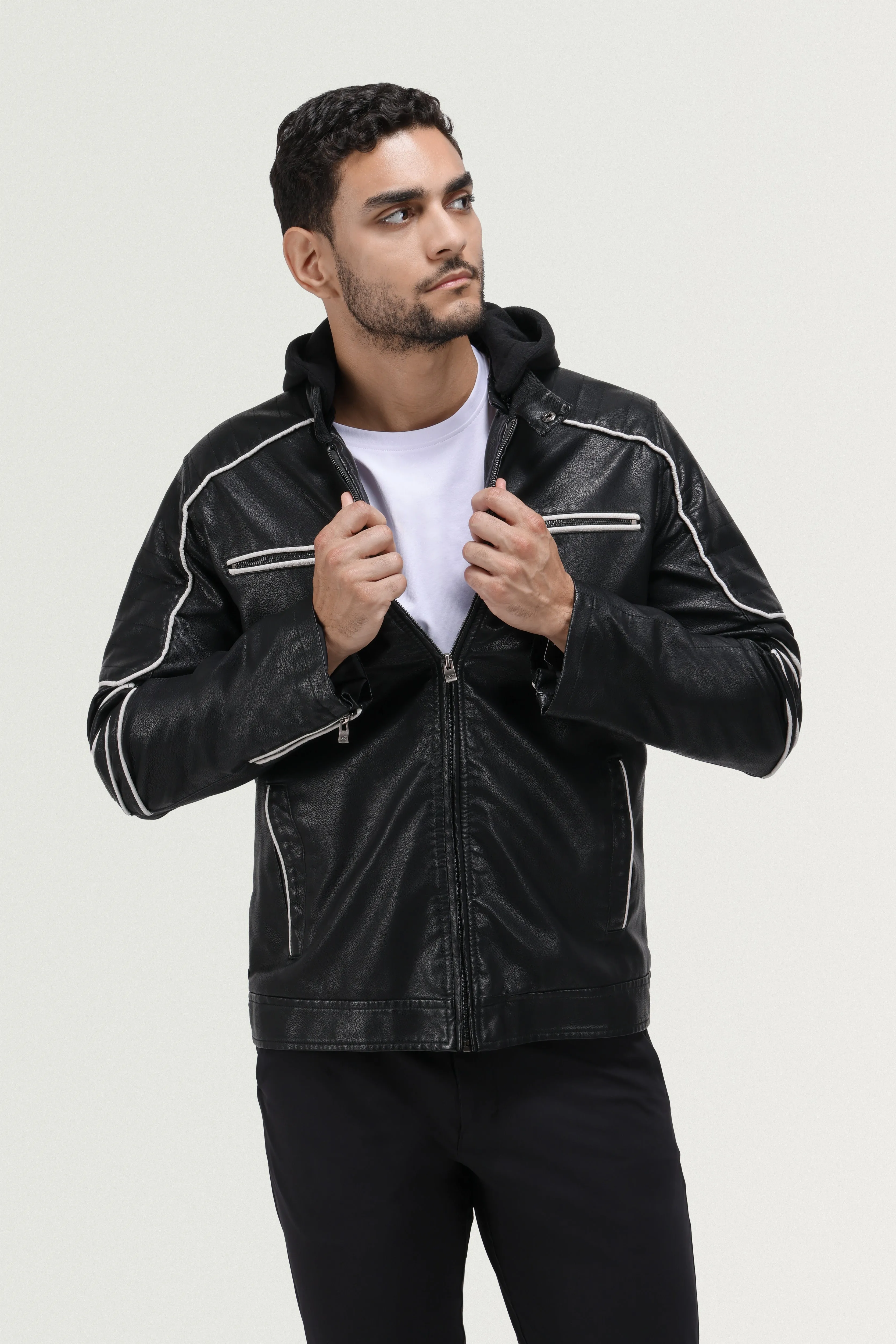 X RAY Men's Grainy PU Moto Leather Jacket With Hood and Faux Shearling Lining