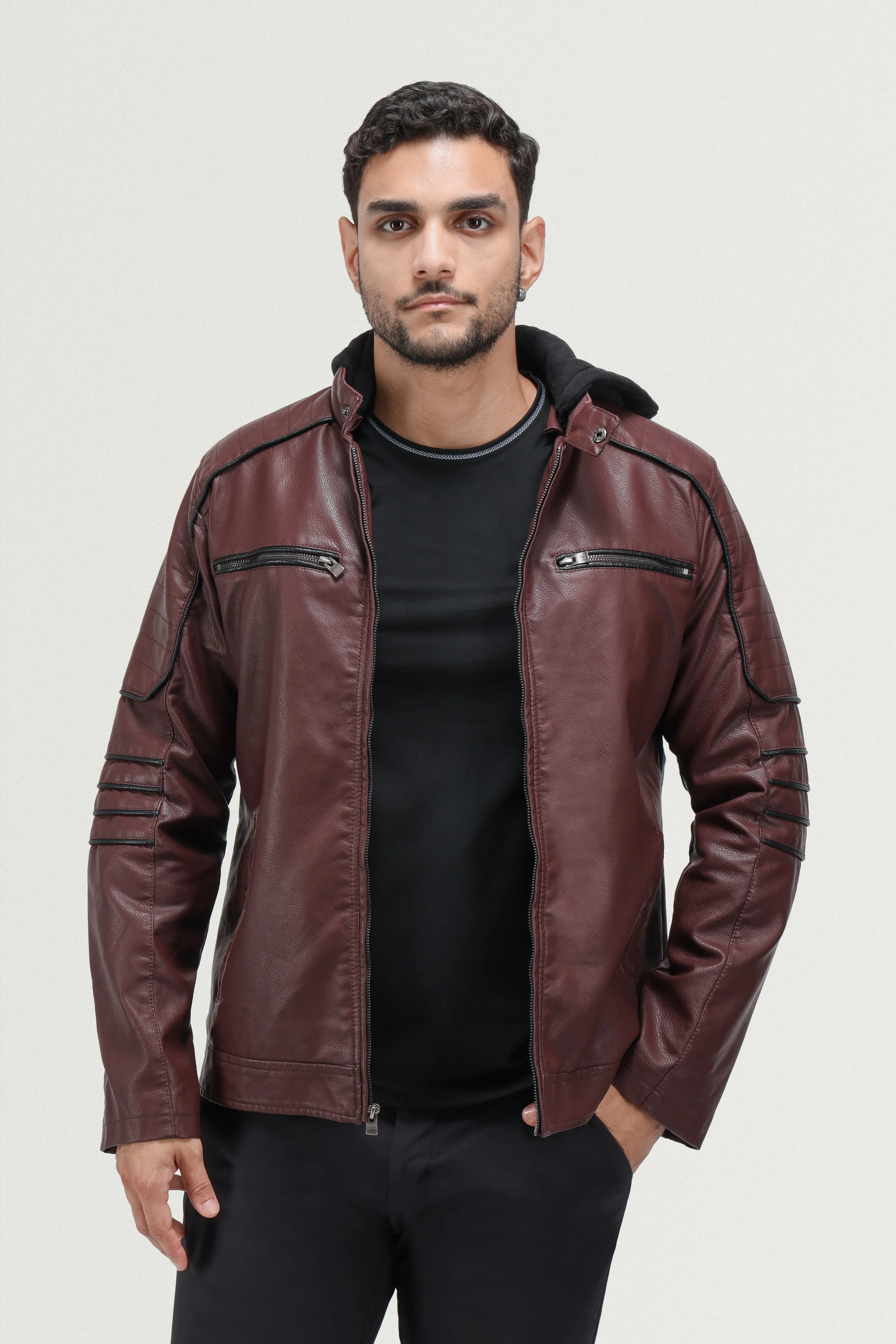 X RAY Men's Grainy PU Moto Leather Jacket With Hood and Faux Shearling Lining