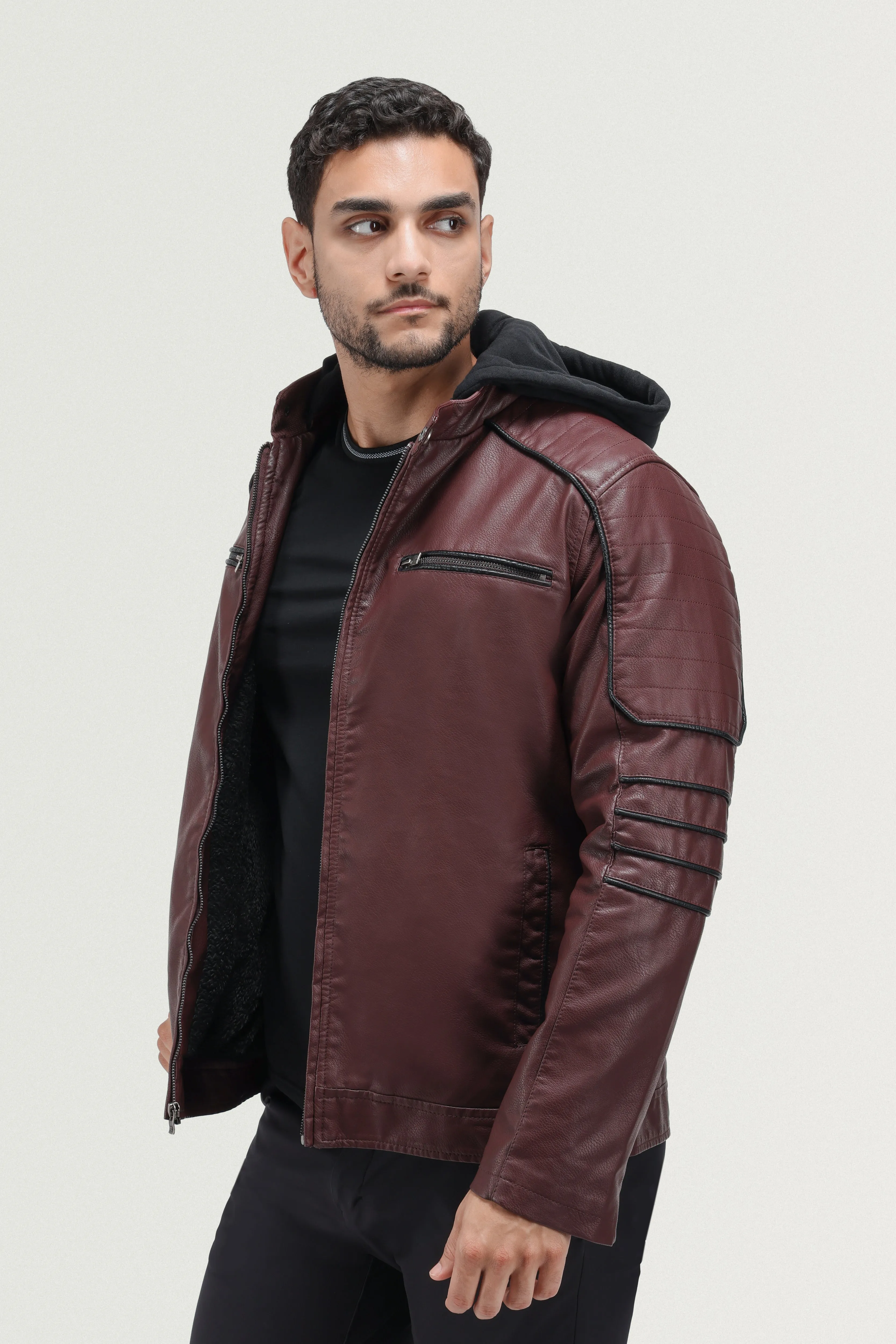 X RAY Men's Grainy PU Moto Leather Jacket With Hood and Faux Shearling Lining