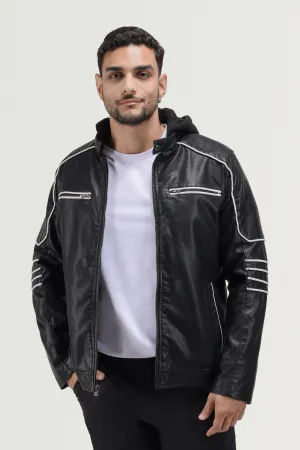 X RAY Men's Grainy PU Moto Leather Jacket With Hood and Faux Shearling Lining