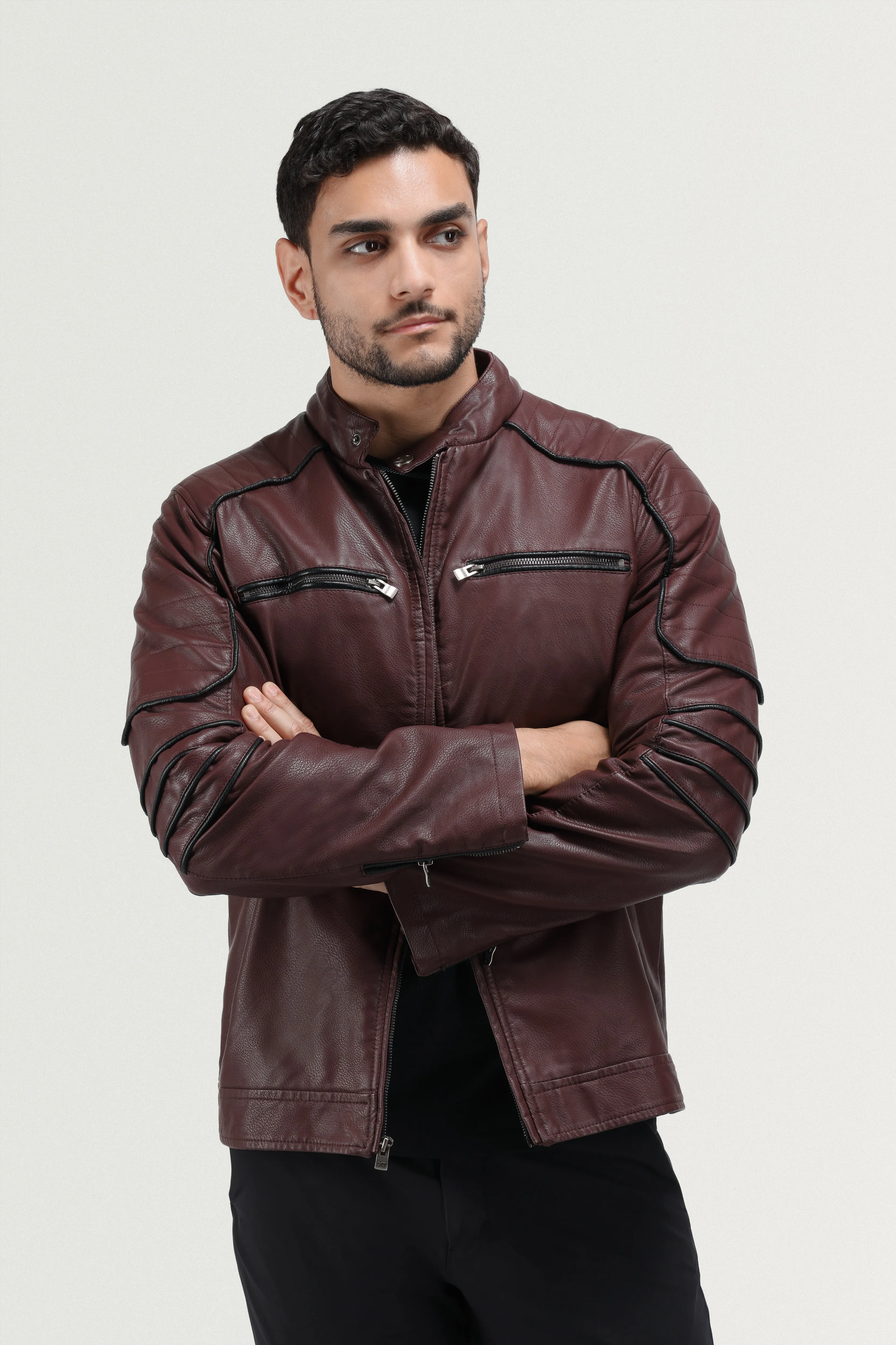 X RAY Men's Grainy PU Moto Leather Jacket With Hood and Faux Shearling Lining