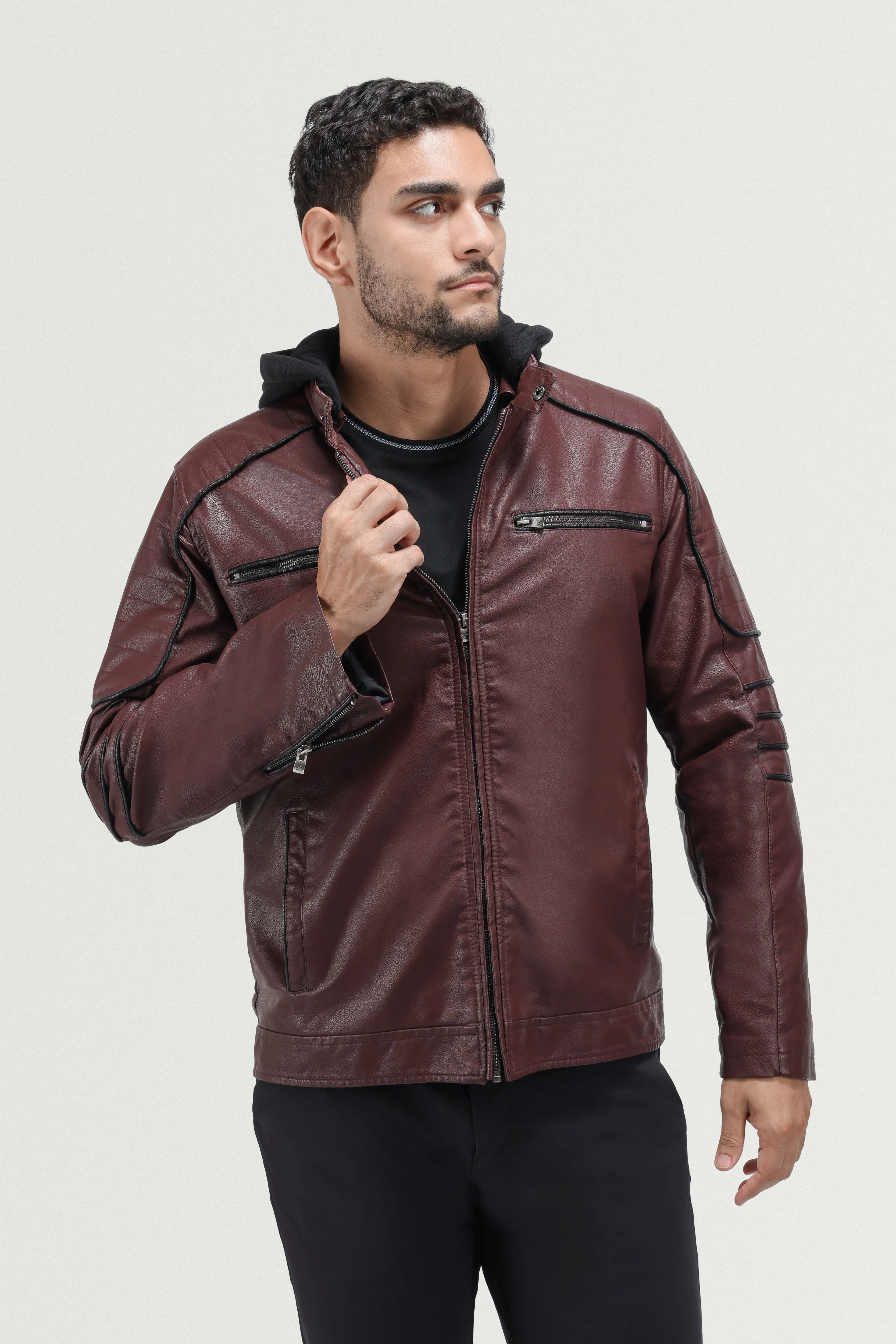 X RAY Men's Grainy PU Moto Leather Jacket With Hood and Faux Shearling Lining