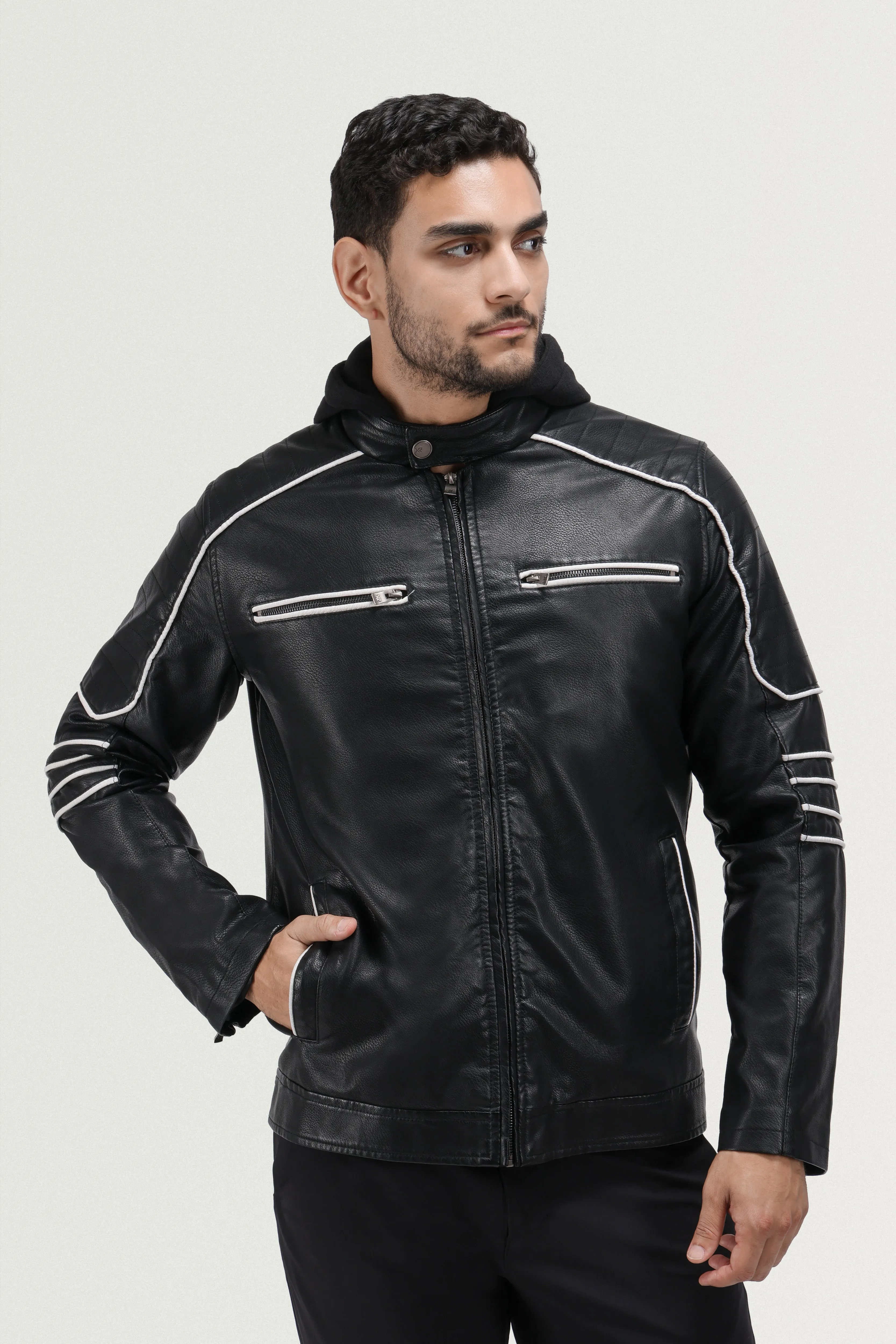 X RAY Men's Grainy PU Moto Leather Jacket With Hood and Faux Shearling Lining