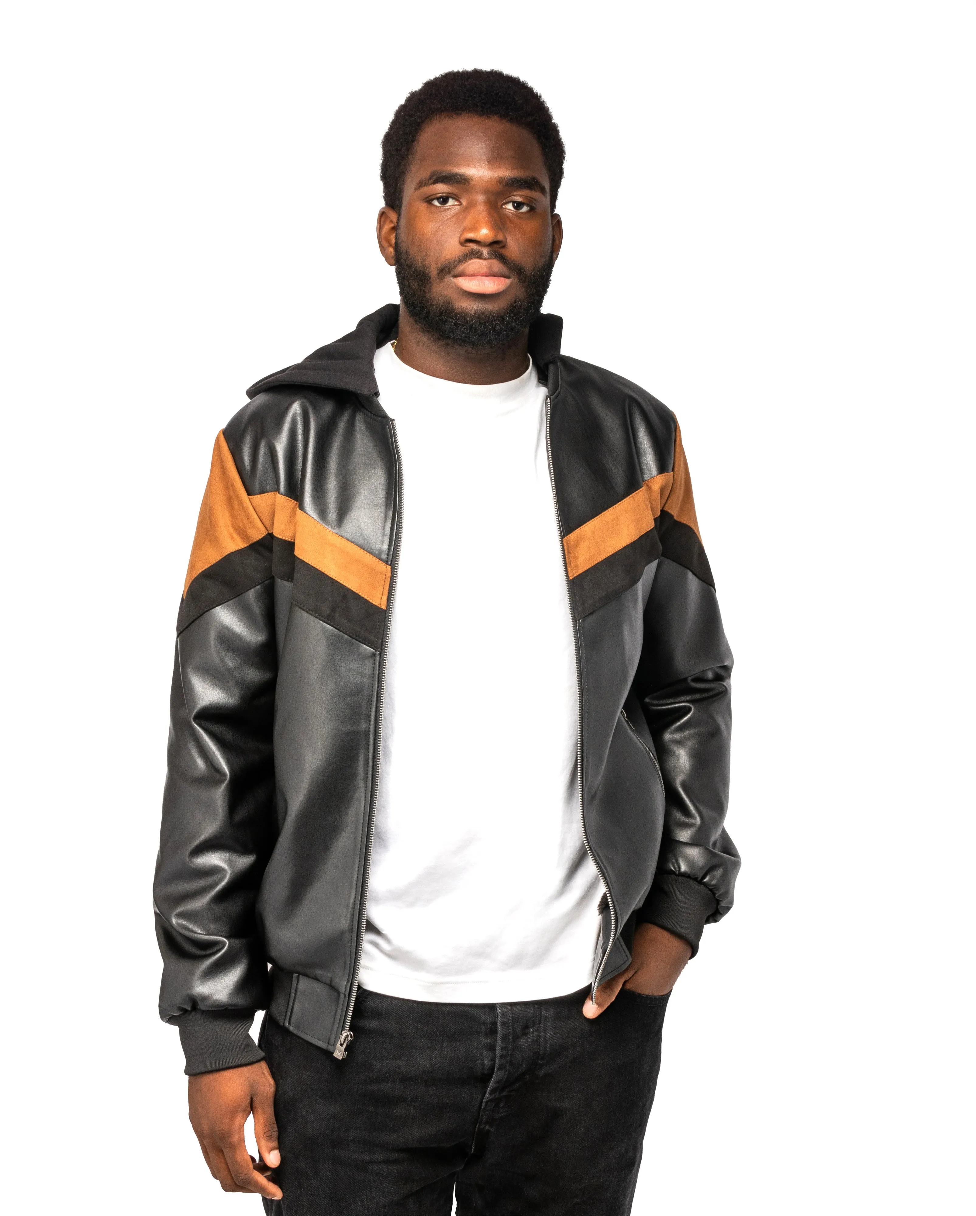 X RAY Men's Shiny PU Leather Hooded Jacket With Faux Suede Detailing With Faux Shearling Lining