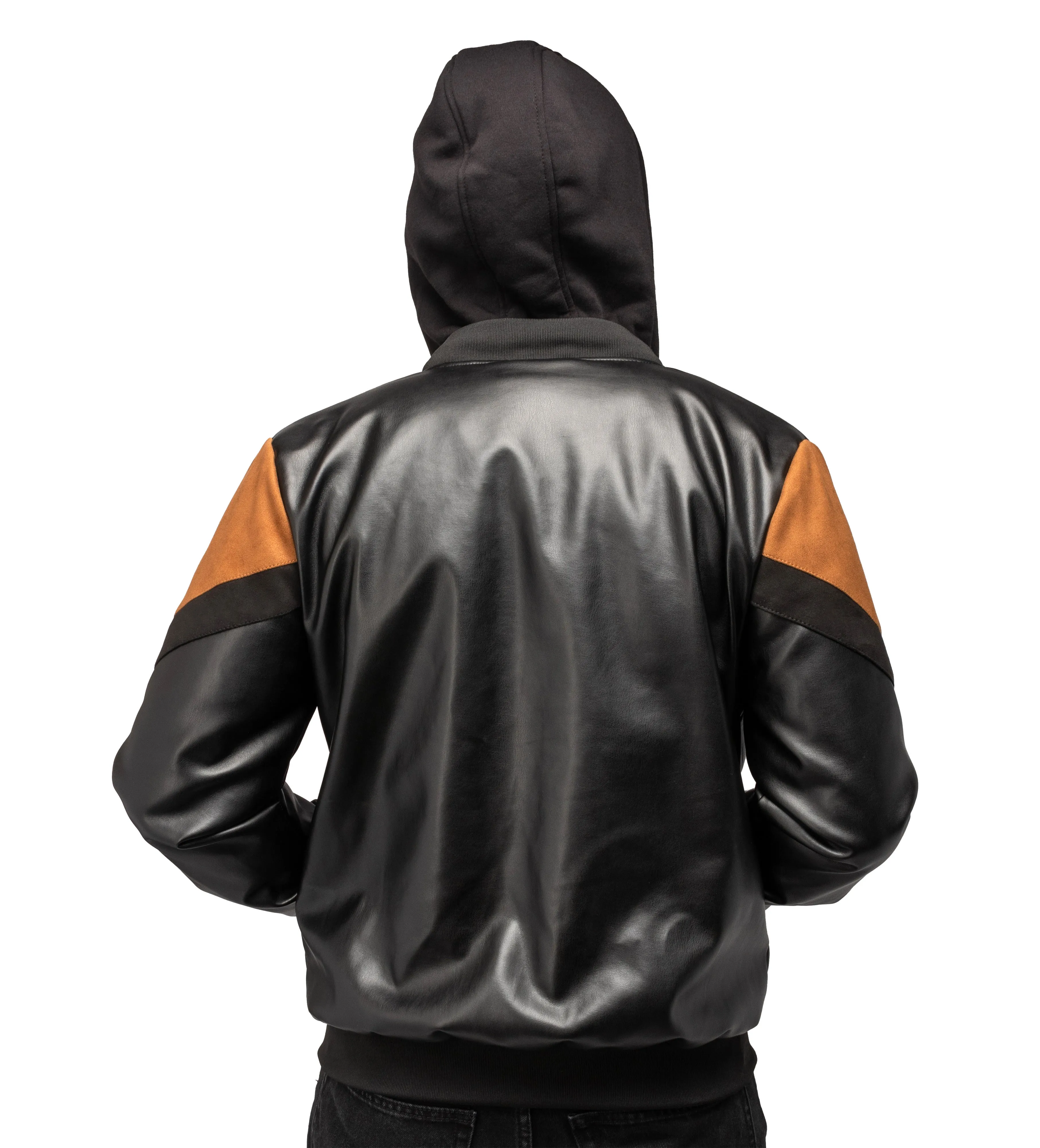 X RAY Men's Shiny PU Leather Hooded Jacket With Faux Suede Detailing With Faux Shearling Lining