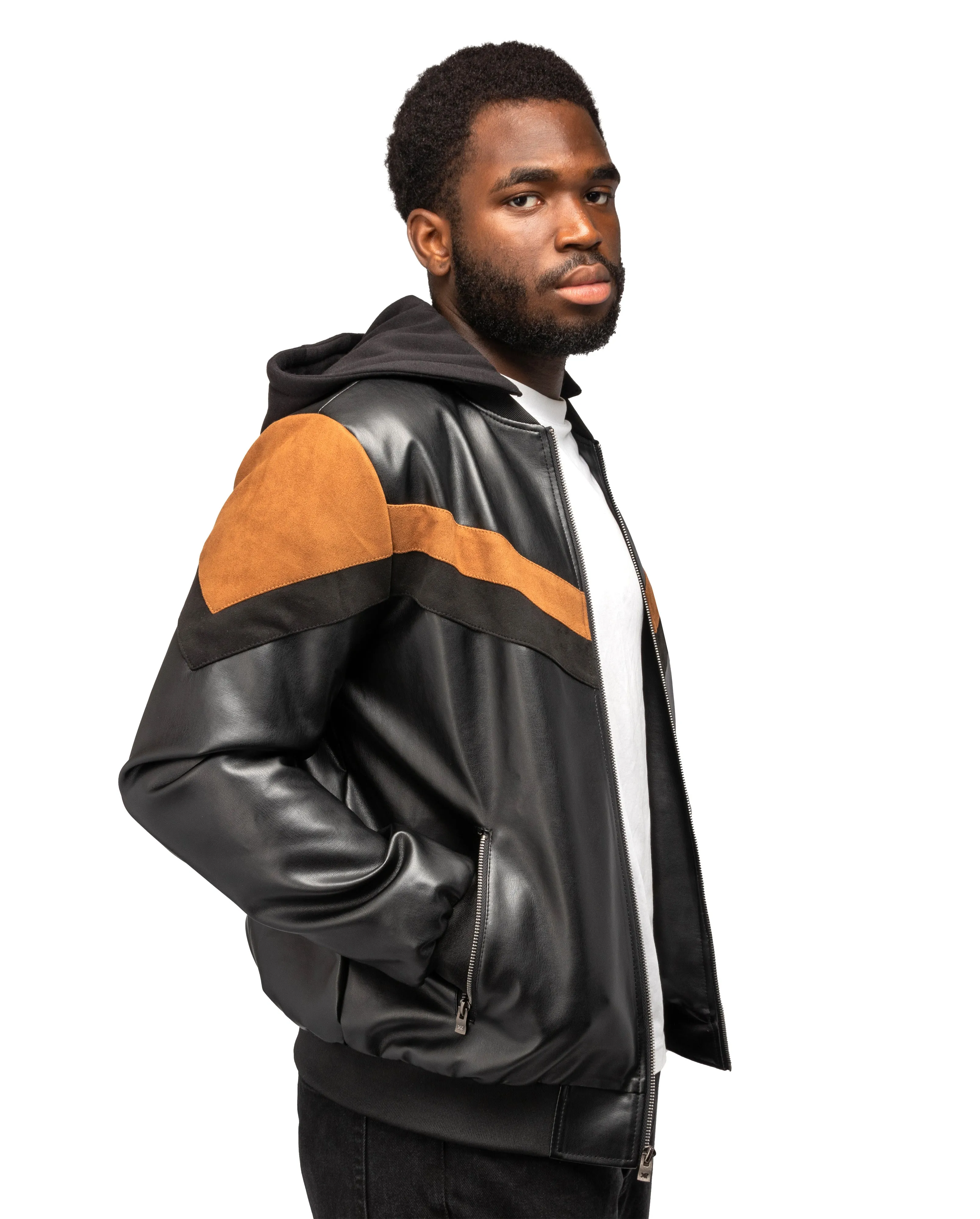 X RAY Men's Shiny PU Leather Hooded Jacket With Faux Suede Detailing With Faux Shearling Lining