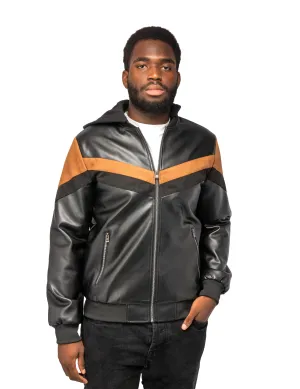 X RAY Men's Shiny PU Leather Hooded Jacket With Faux Suede Detailing With Faux Shearling Lining