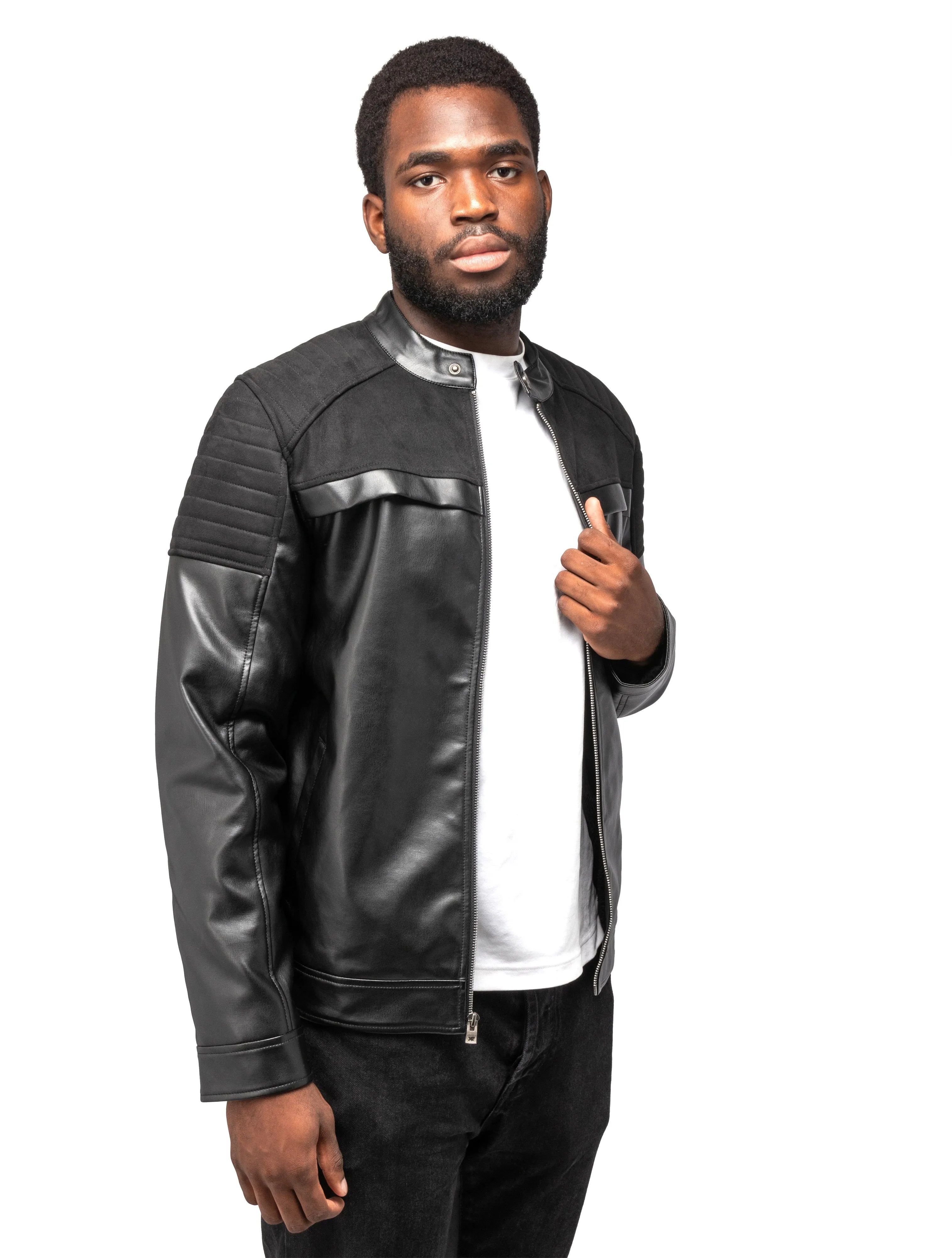 X RAY Men's Shiny PU Leather Jacket With Faux Suede Detailing With Faux Shearling Lining