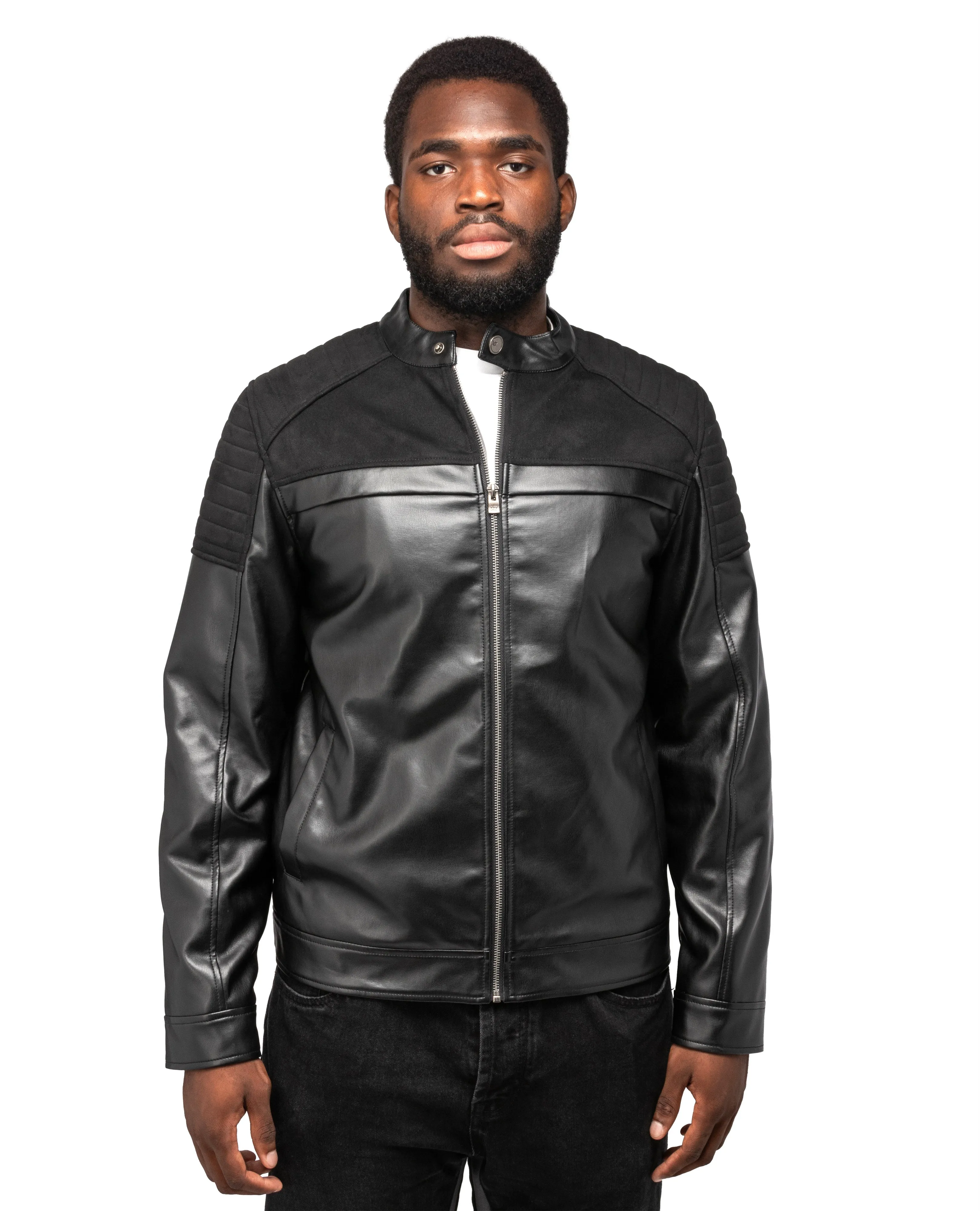 X RAY Men's Shiny PU Leather Jacket With Faux Suede Detailing With Faux Shearling Lining