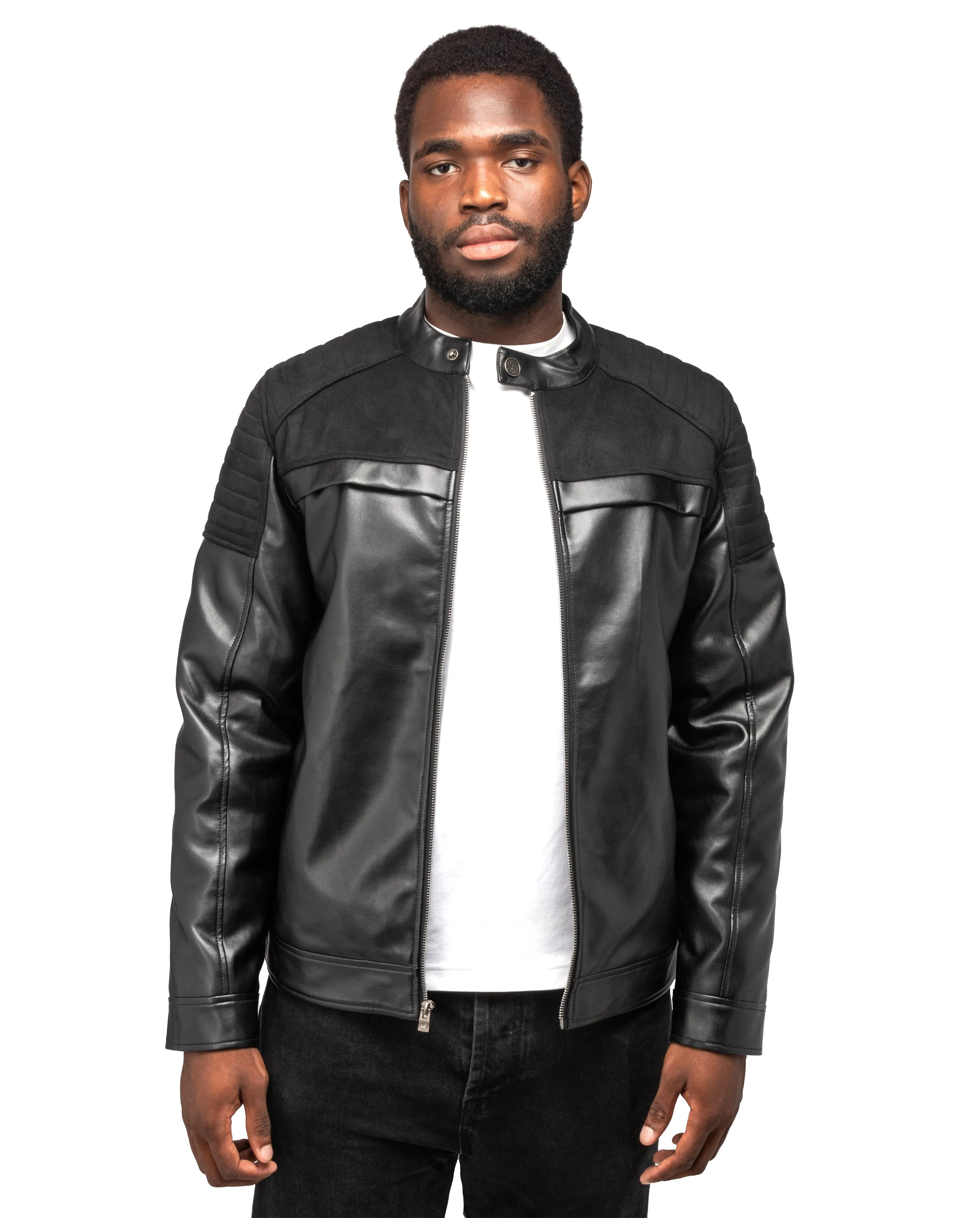 X RAY Men's Shiny PU Leather Jacket With Faux Suede Detailing With Faux Shearling Lining