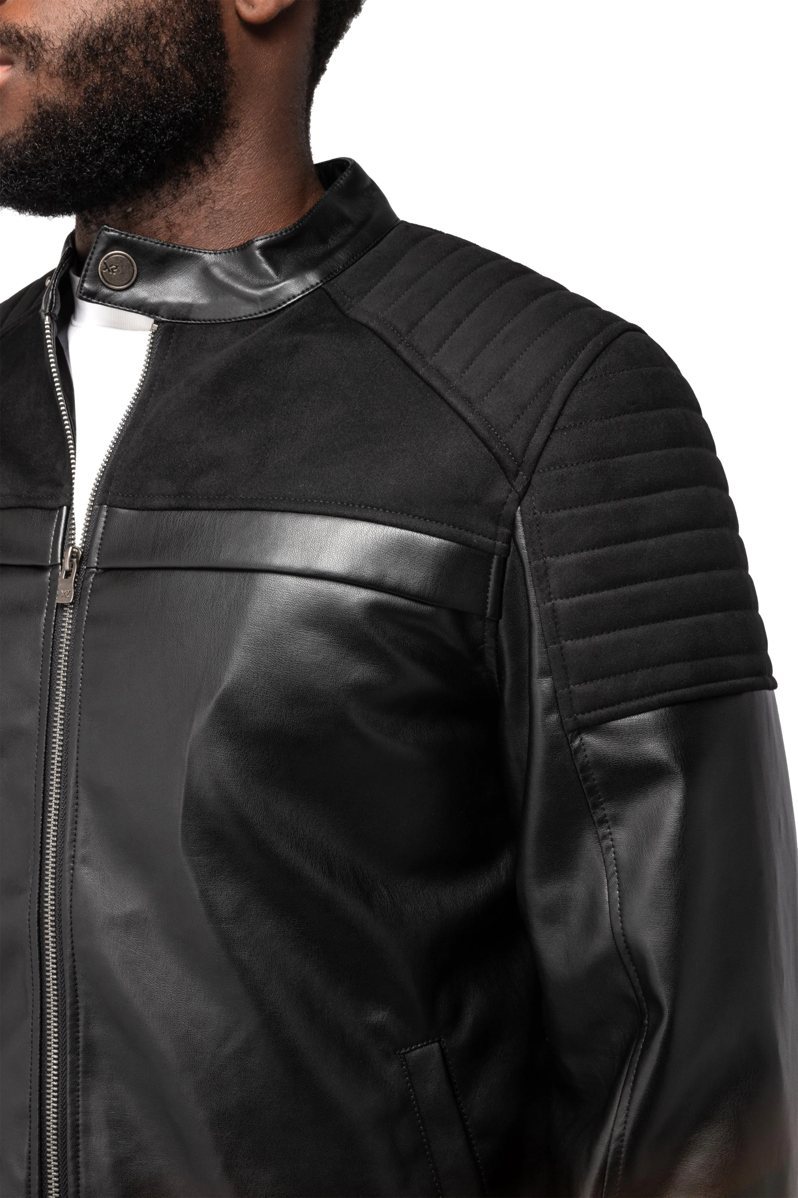 X RAY Men's Shiny PU Leather Jacket With Faux Suede Detailing With Faux Shearling Lining