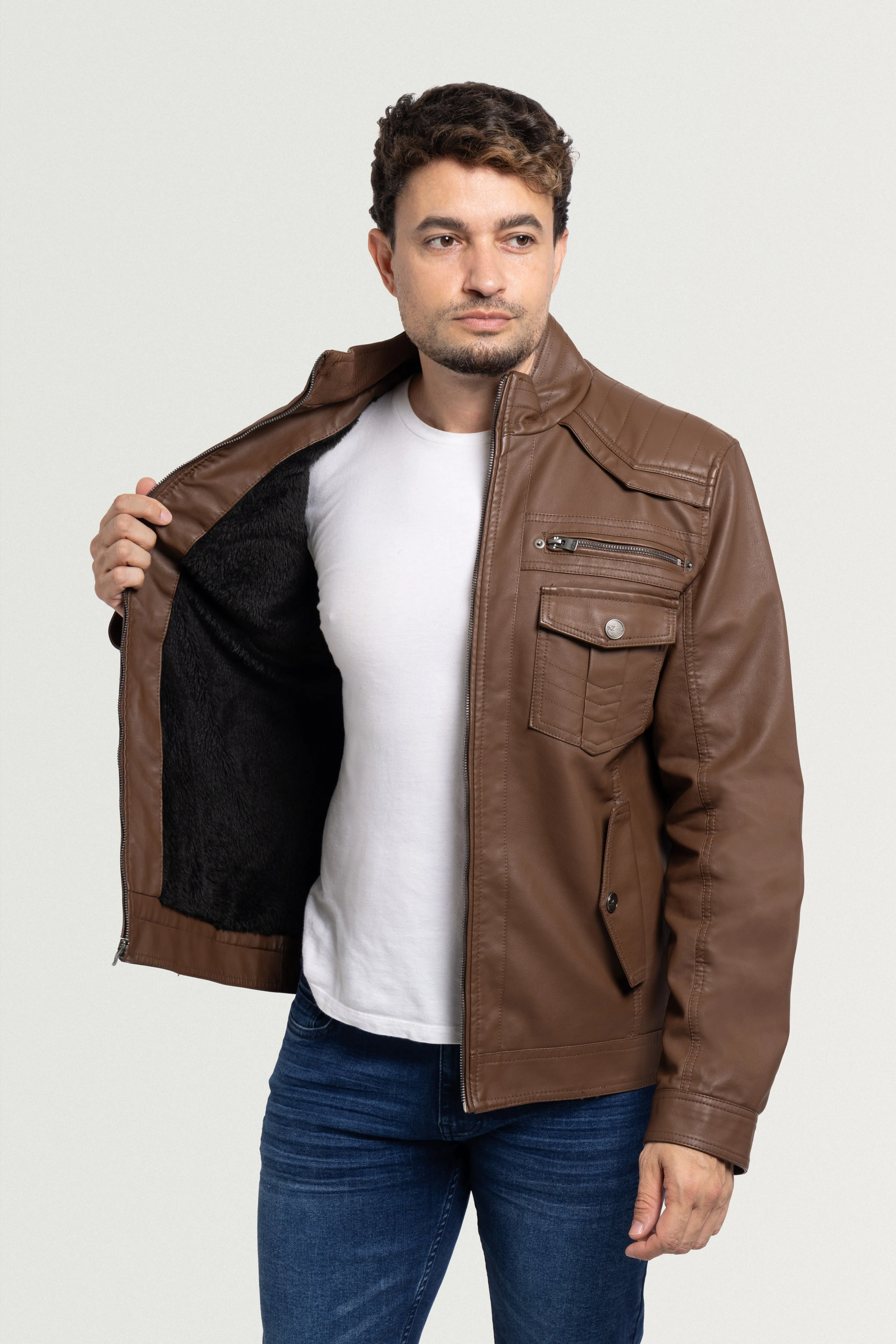 X RAY Men's Utility Leather Jacket With Faux Shearling Lining