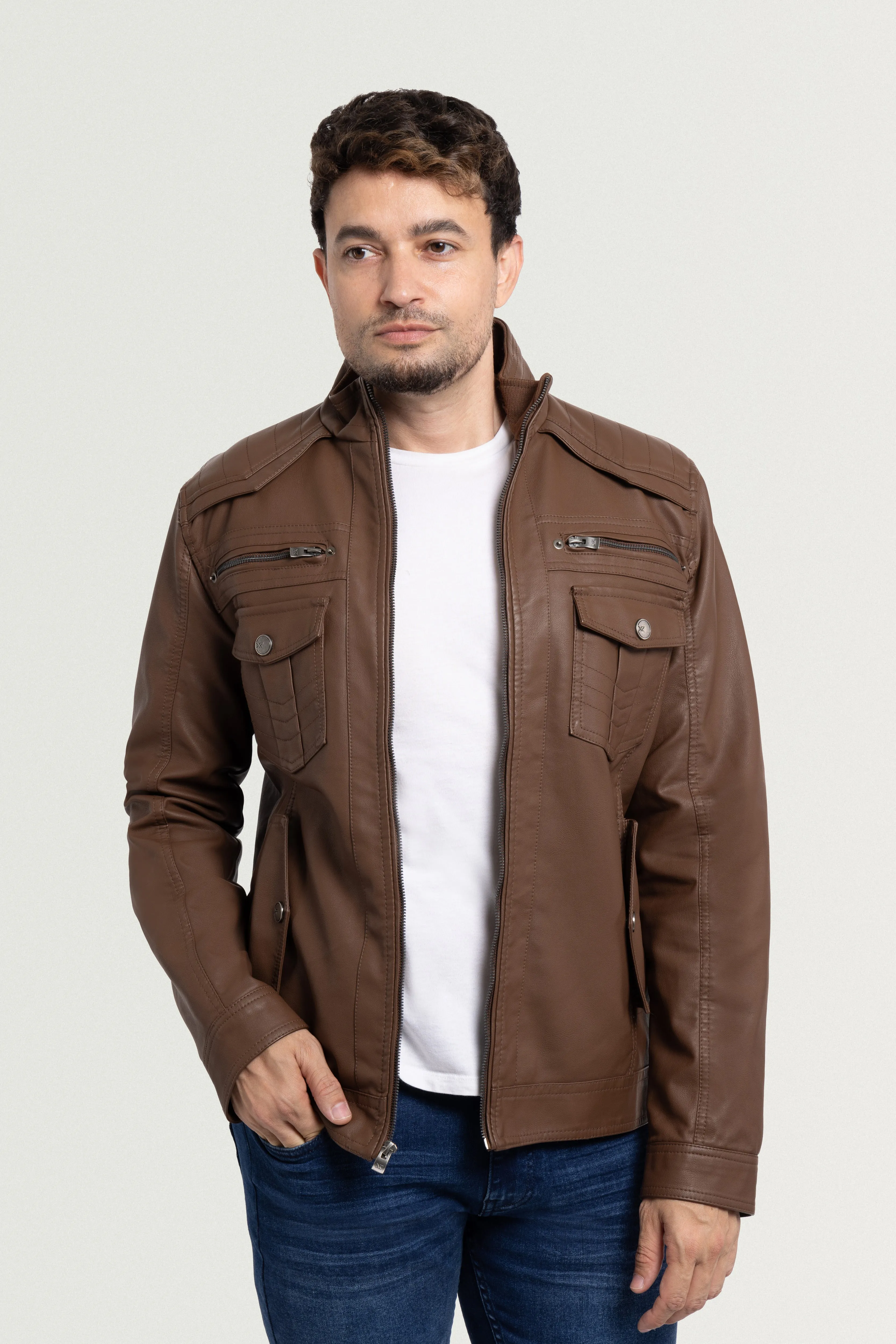 X RAY Men's Utility Leather Jacket With Faux Shearling Lining