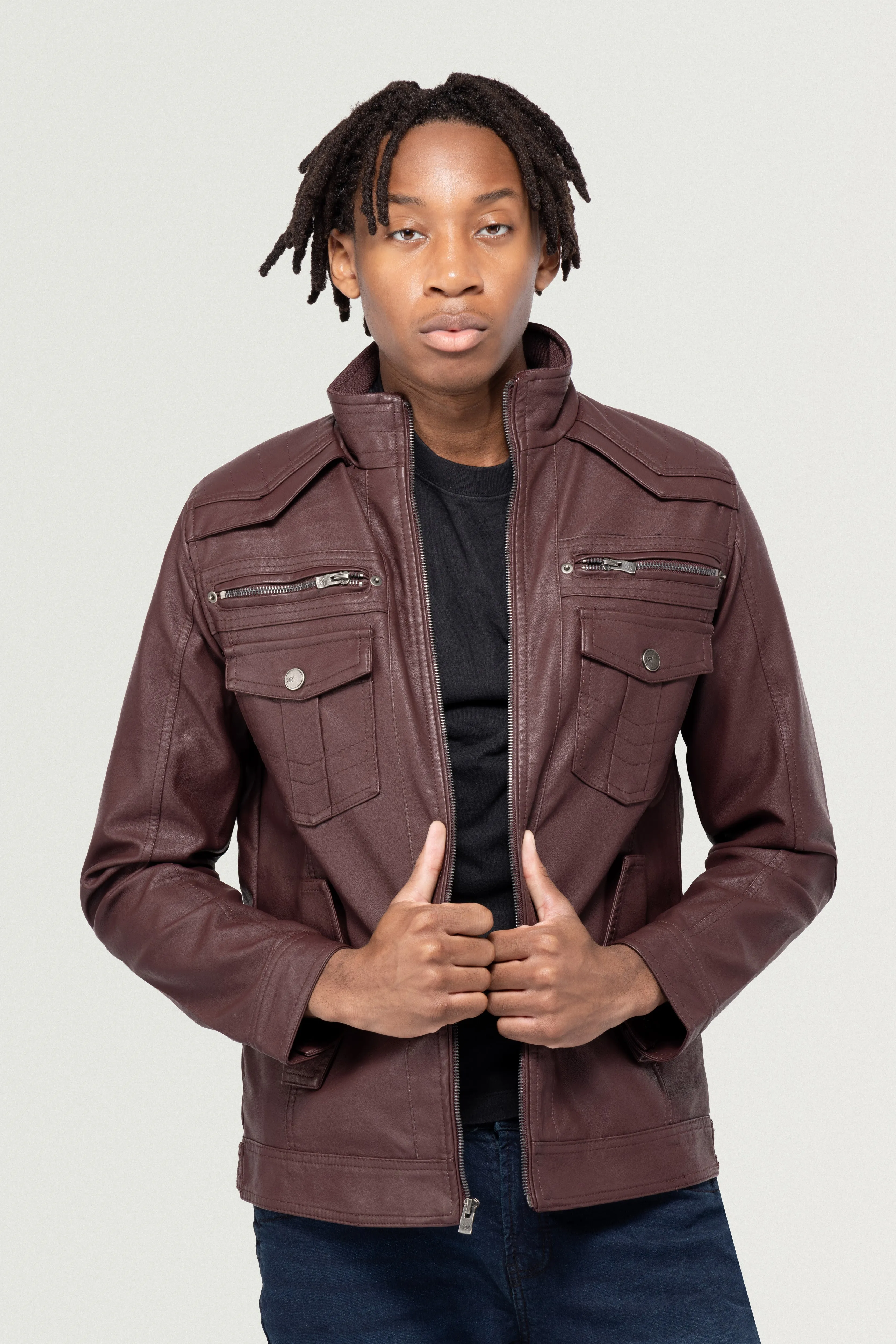 X RAY Men's Utility Leather Jacket With Faux Shearling Lining