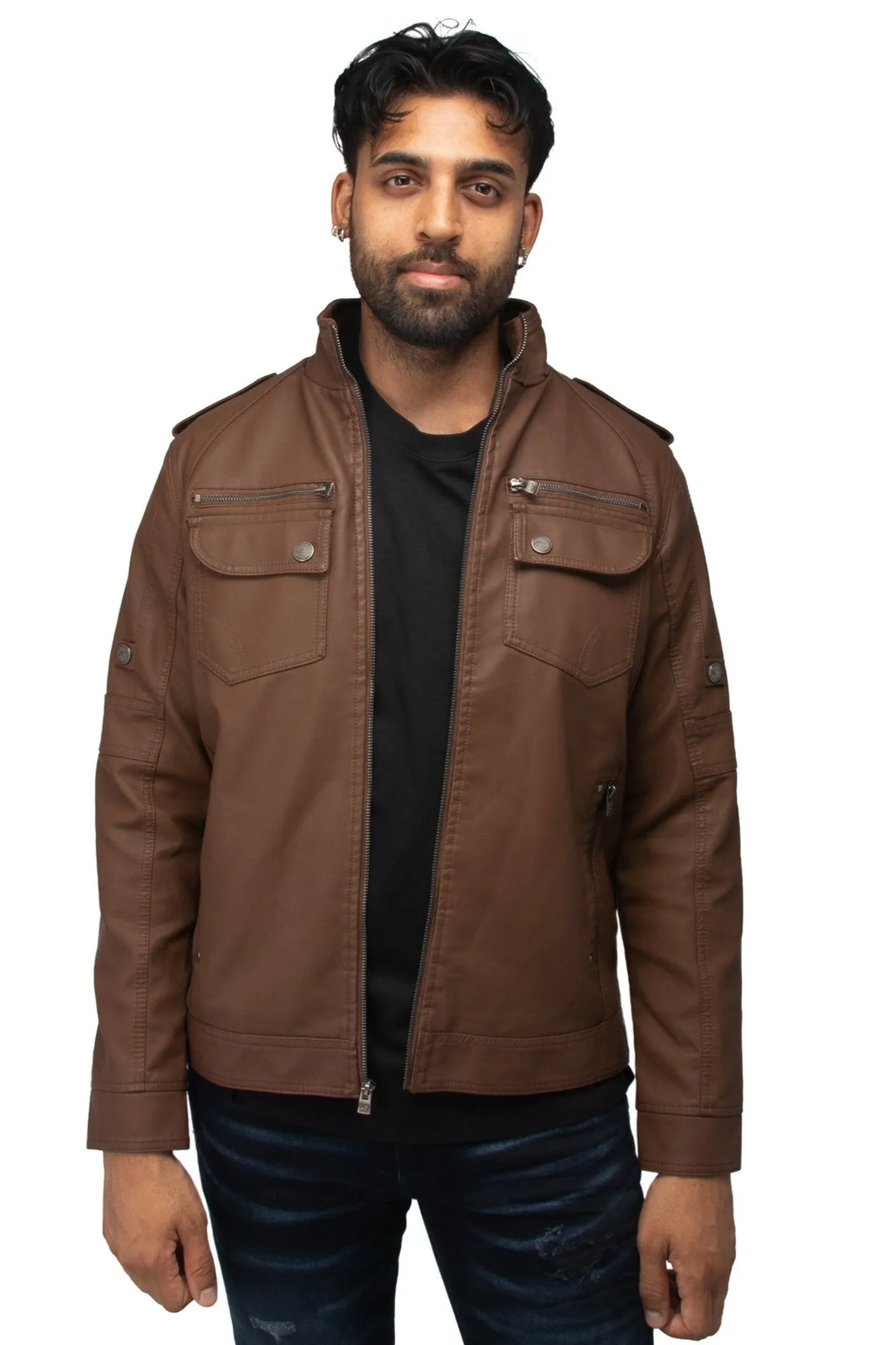 X RAY Men's Utility Motorcycle Leather Jacket With Faux Shearling Lining