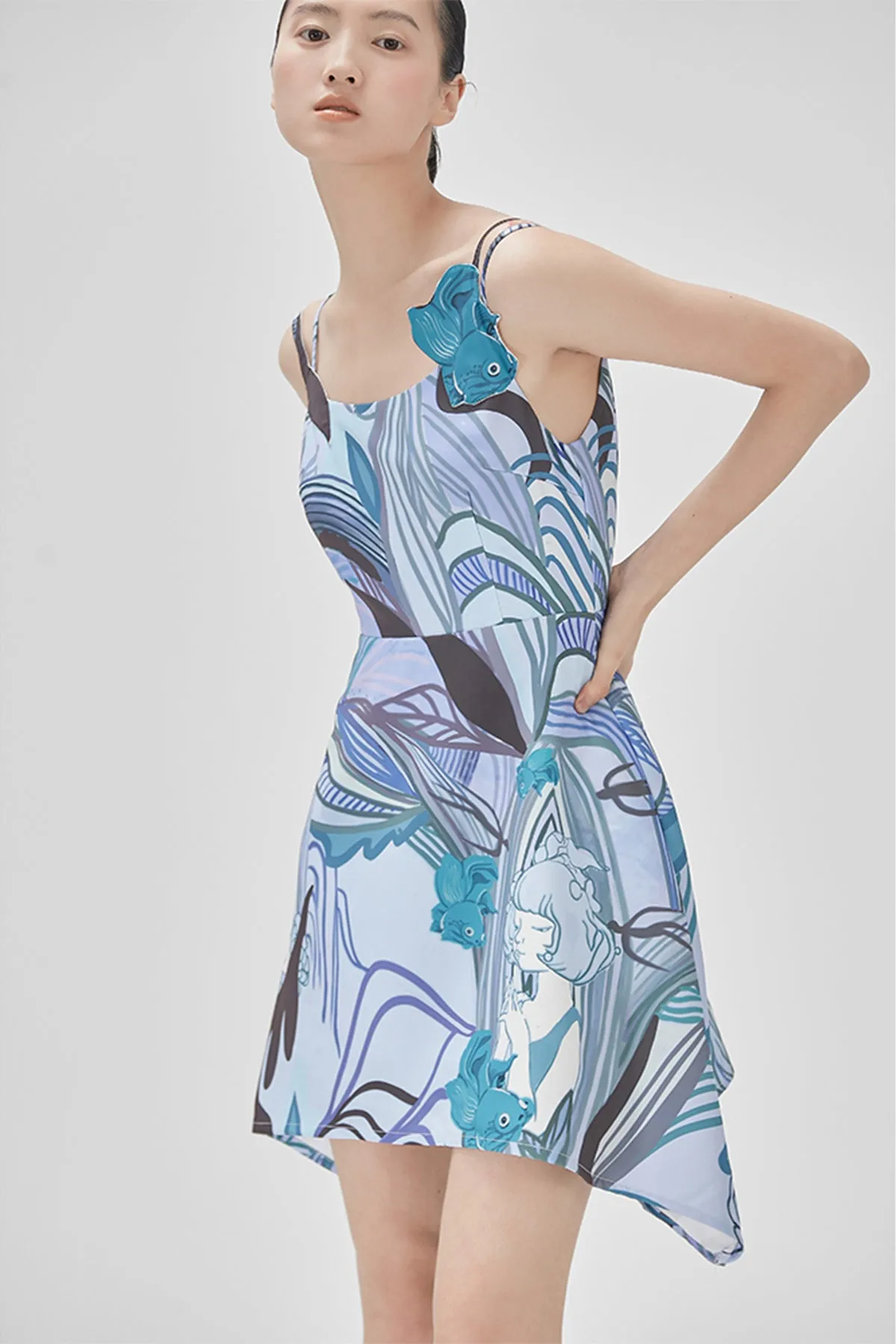 XUNRUO | Blue Fish Patch Handkerchief Dress